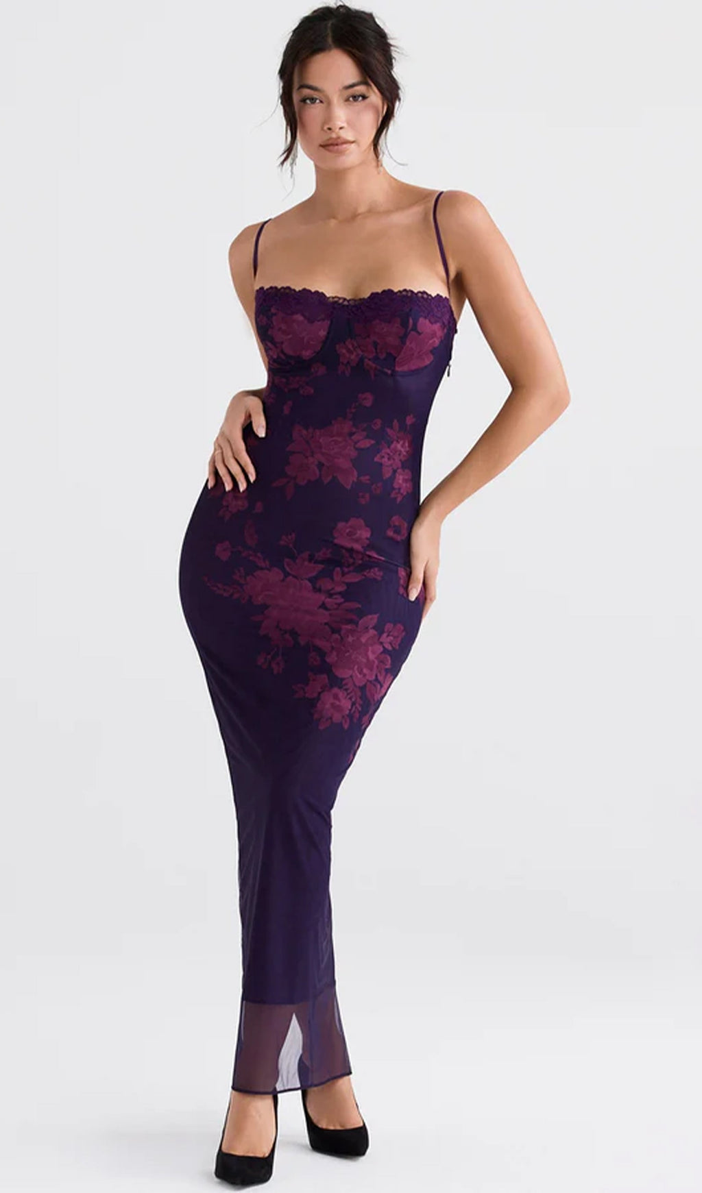 Bağcıklı Dantel Kenarlı Çiçekli File Midi Elbise