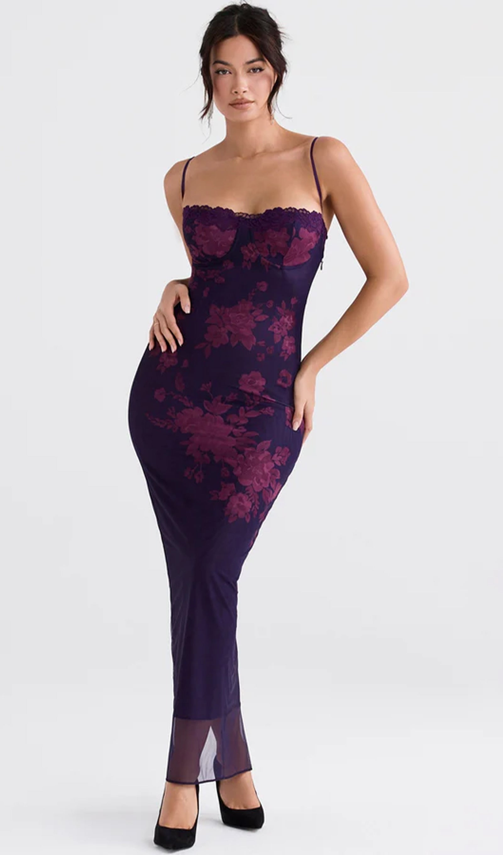 Bağcıklı Dantel Kenarlı Çiçekli File Midi Elbise