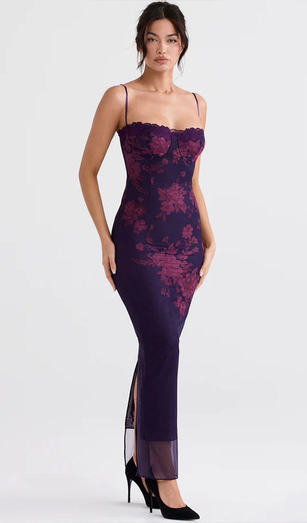 Bağcıklı Dantel Kenarlı Çiçekli File Midi Elbise