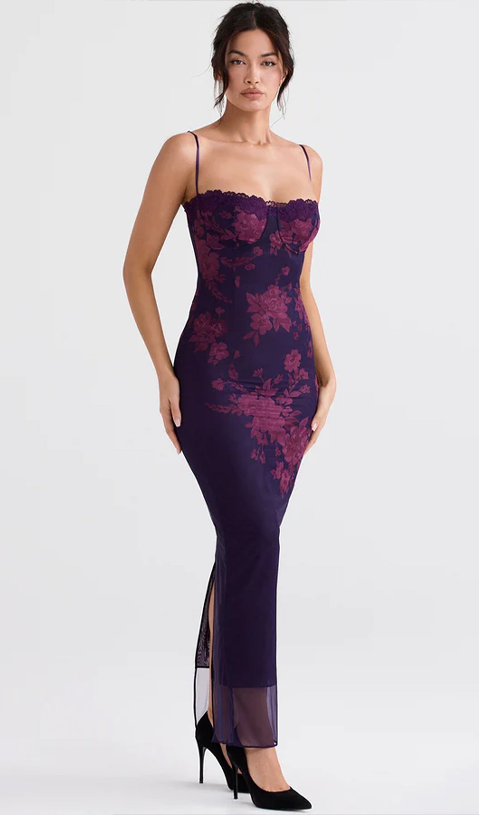 Bağcıklı Dantel Kenarlı Çiçekli File Midi Elbise