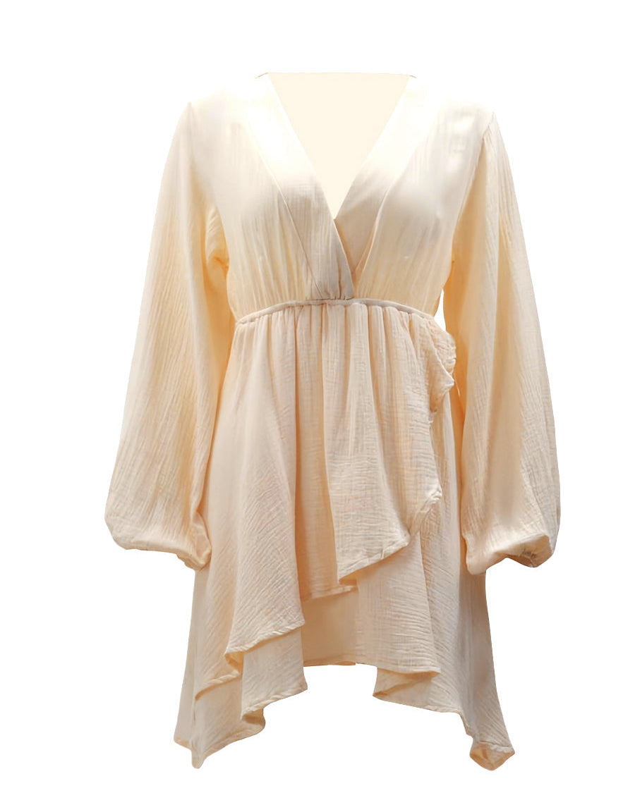 Kemersiz V Yaka Fener Kollu Mini Elbise