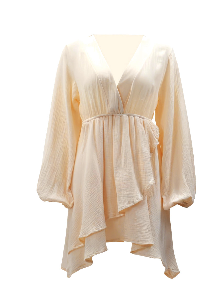 Kemersiz V Yaka Fener Kollu Mini Elbise