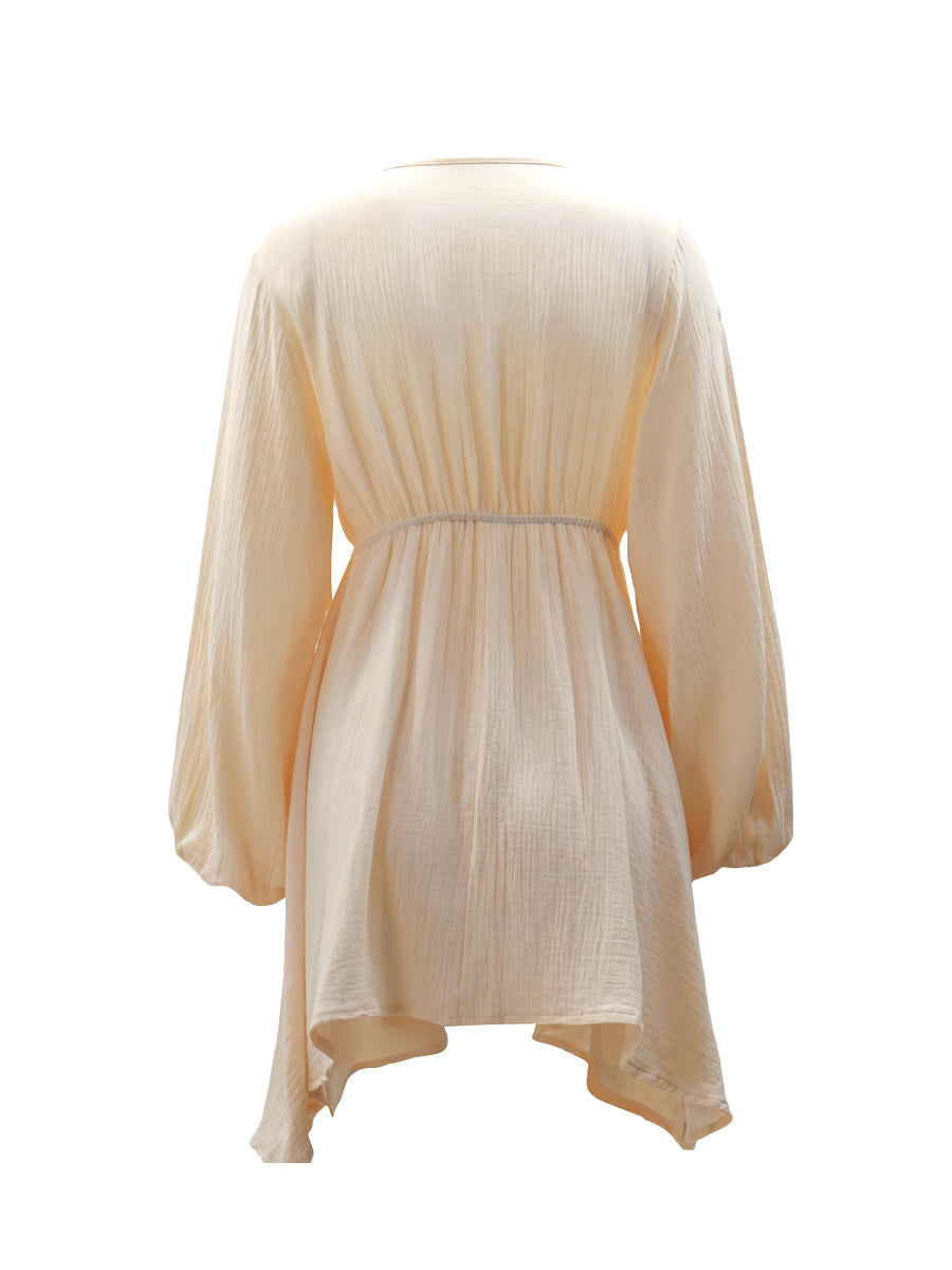 Kemersiz V Yaka Fener Kollu Mini Elbise