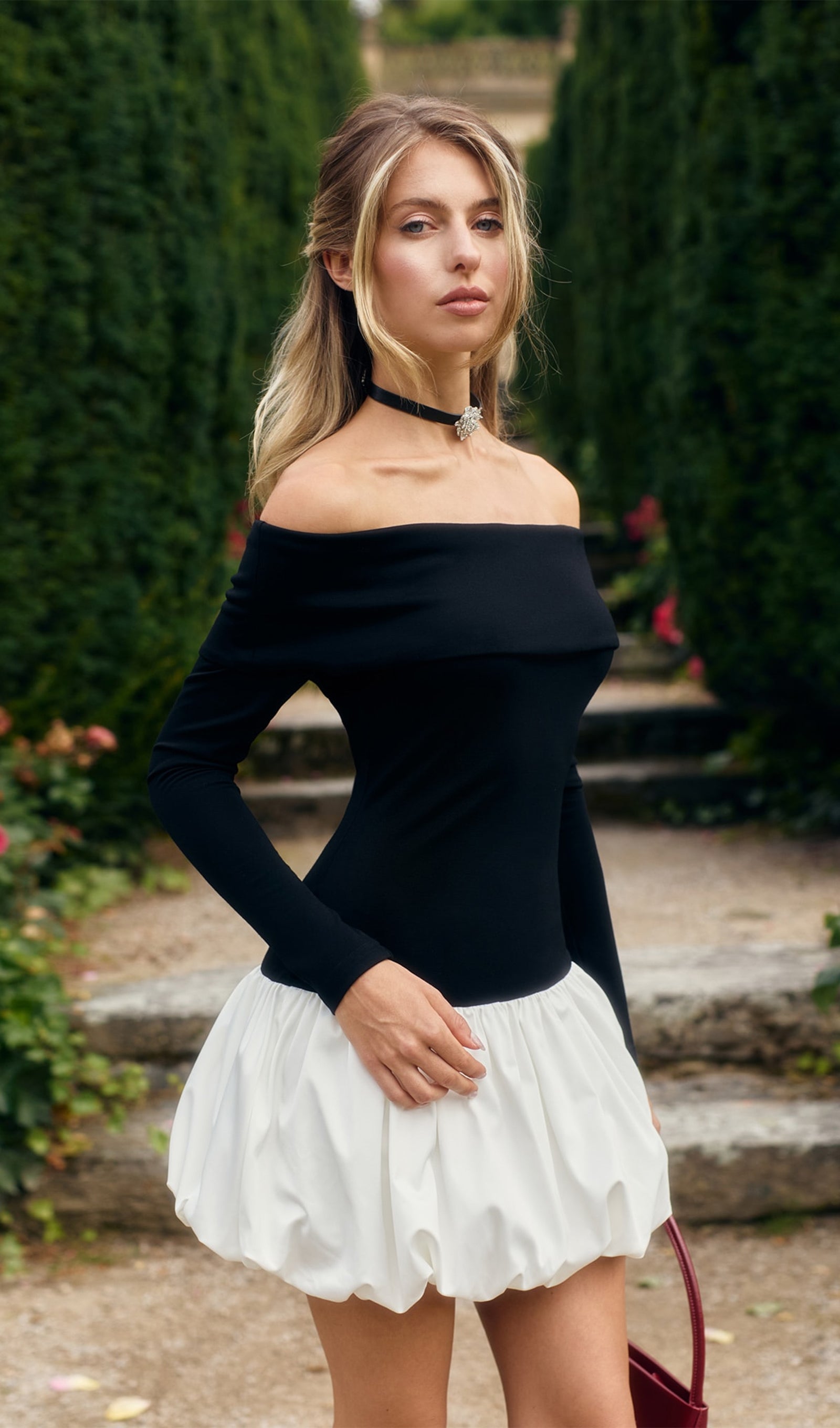 Açık Omuzlu Balon Mini Elbise-Beyaz