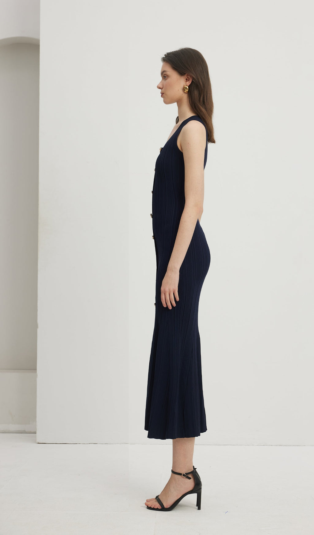 Metalik Düğmeli Örme Midi Elbise