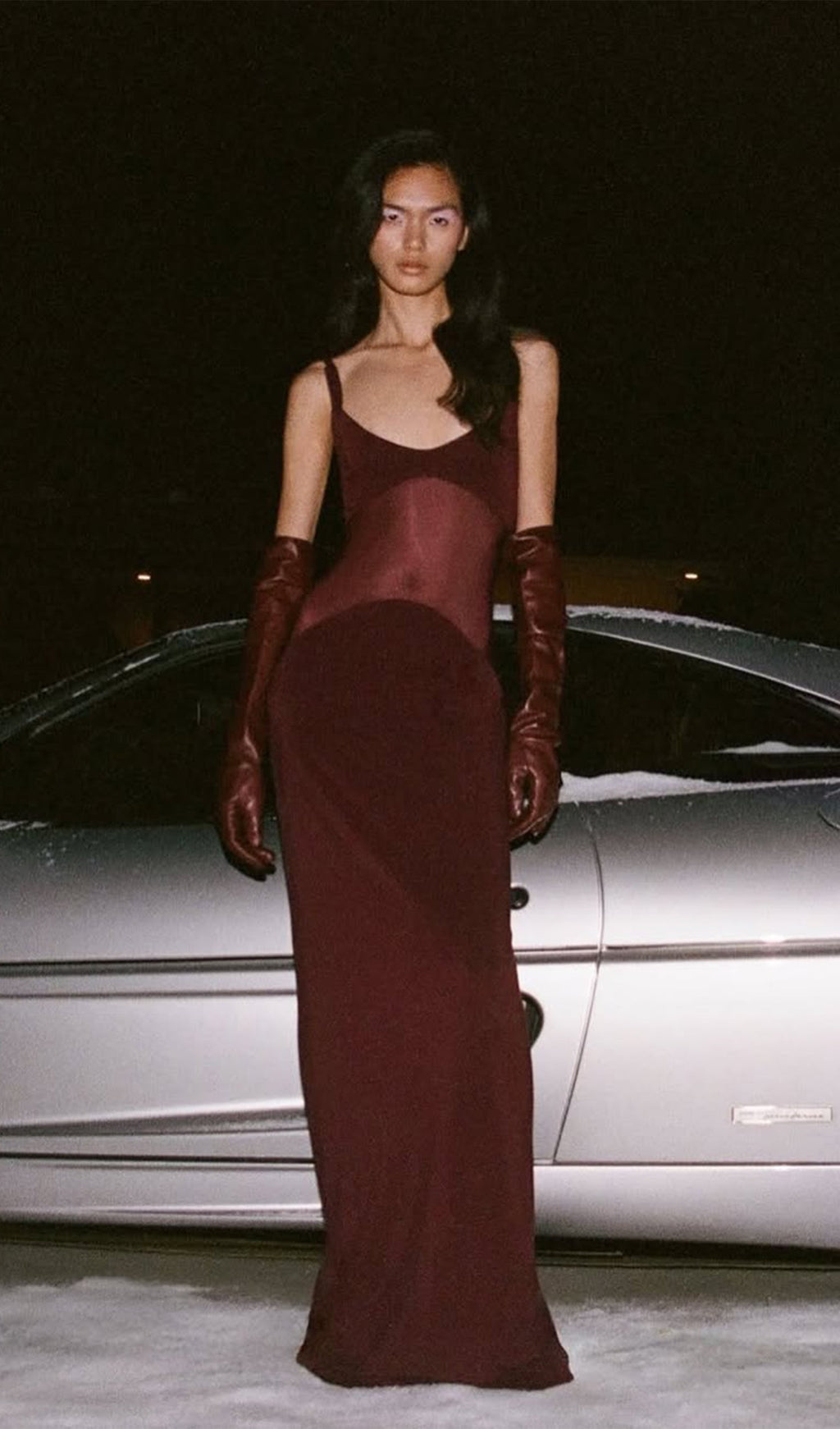 Kırmızı Şeffaf Örgü Kavisli Uzun Elbise