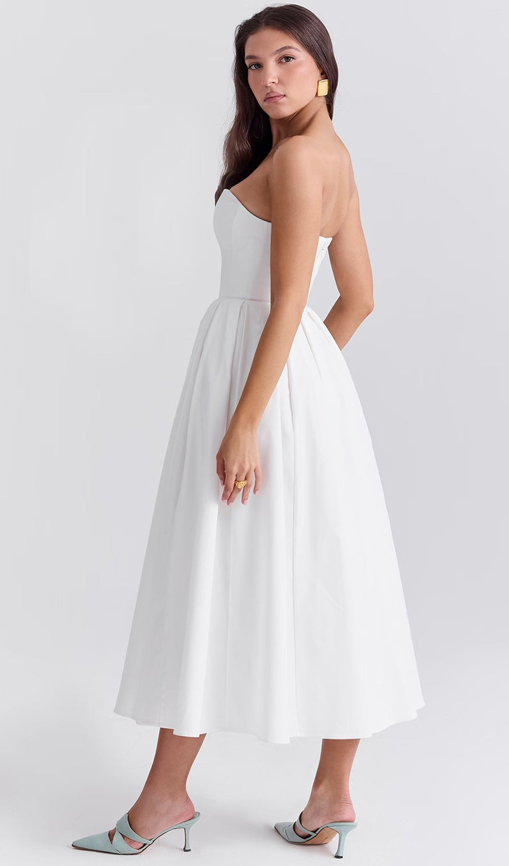 Askısız Korseli Midi Elbise Beyaz