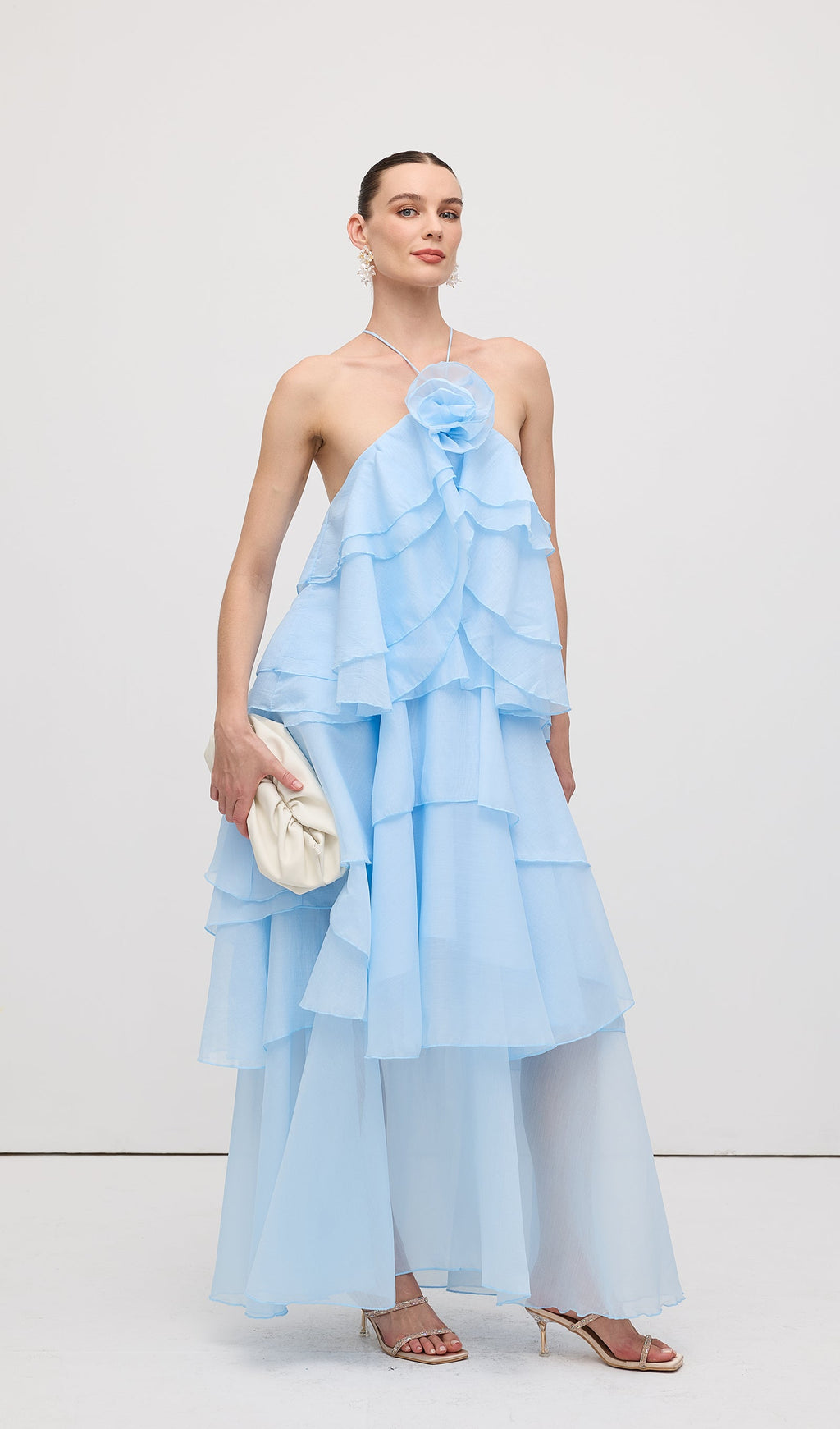 Askılı Katmanlı Uzun Elbise Mavi