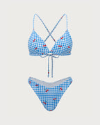 Mavi Ekose Kiraz Halter Bikini Takımı