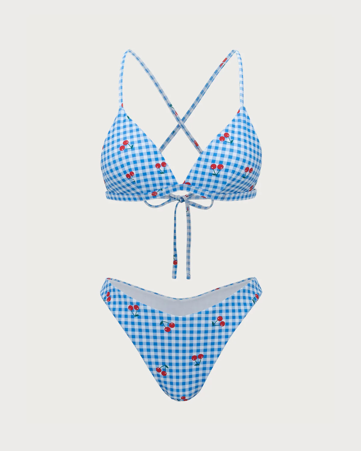 Mavi Ekose Kiraz Halter Bikini Takımı