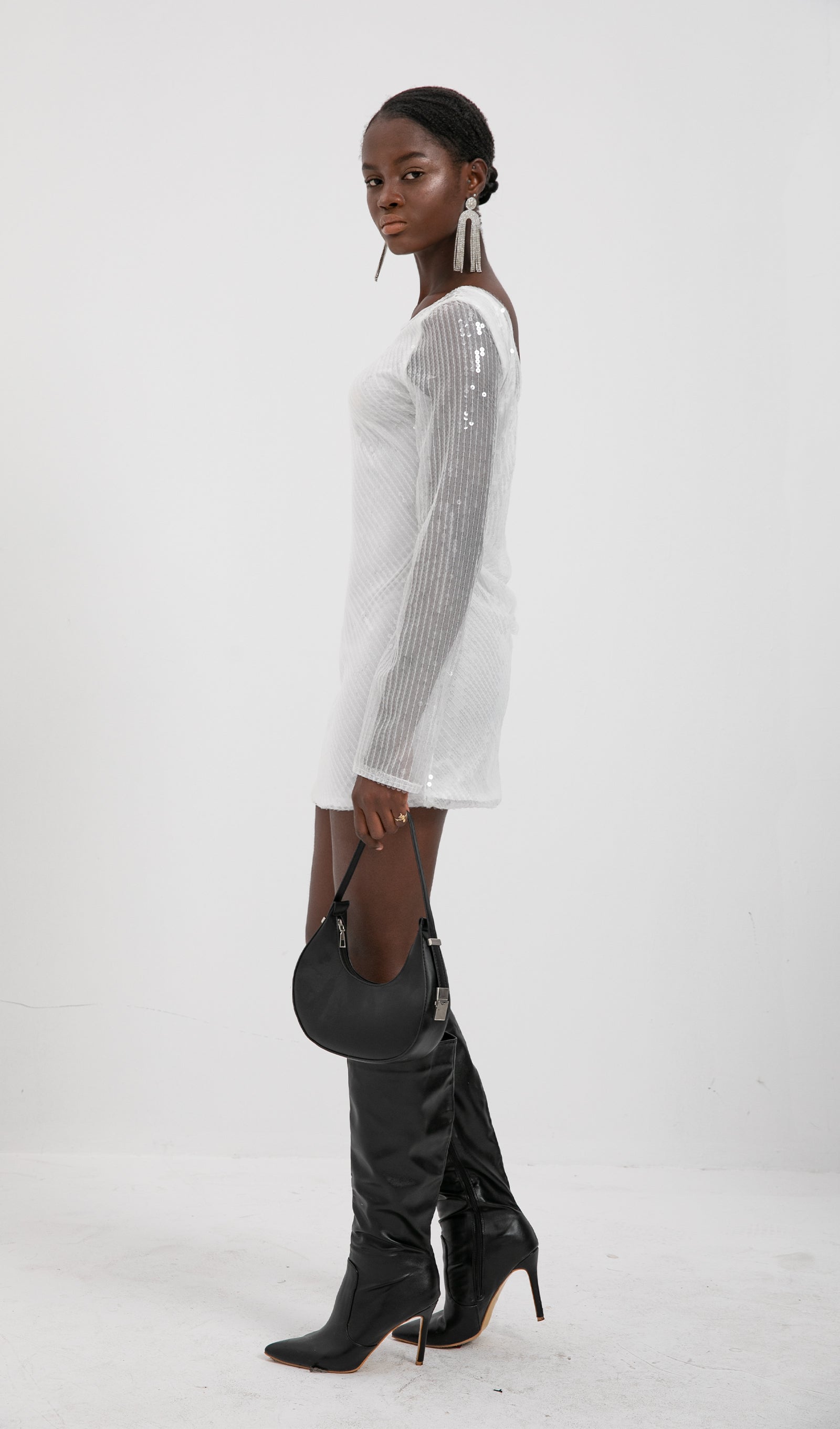 Trend Beyaz Pullu Mini Elbise