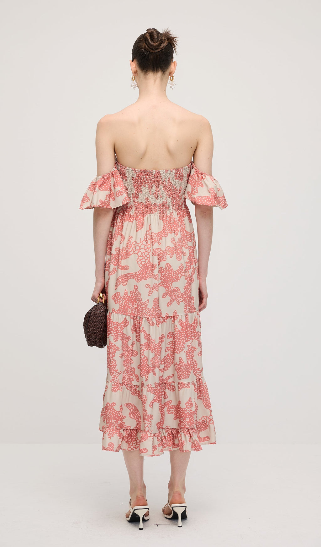 Omuz Açık Fırfırlı Baskılı Midi Elbise