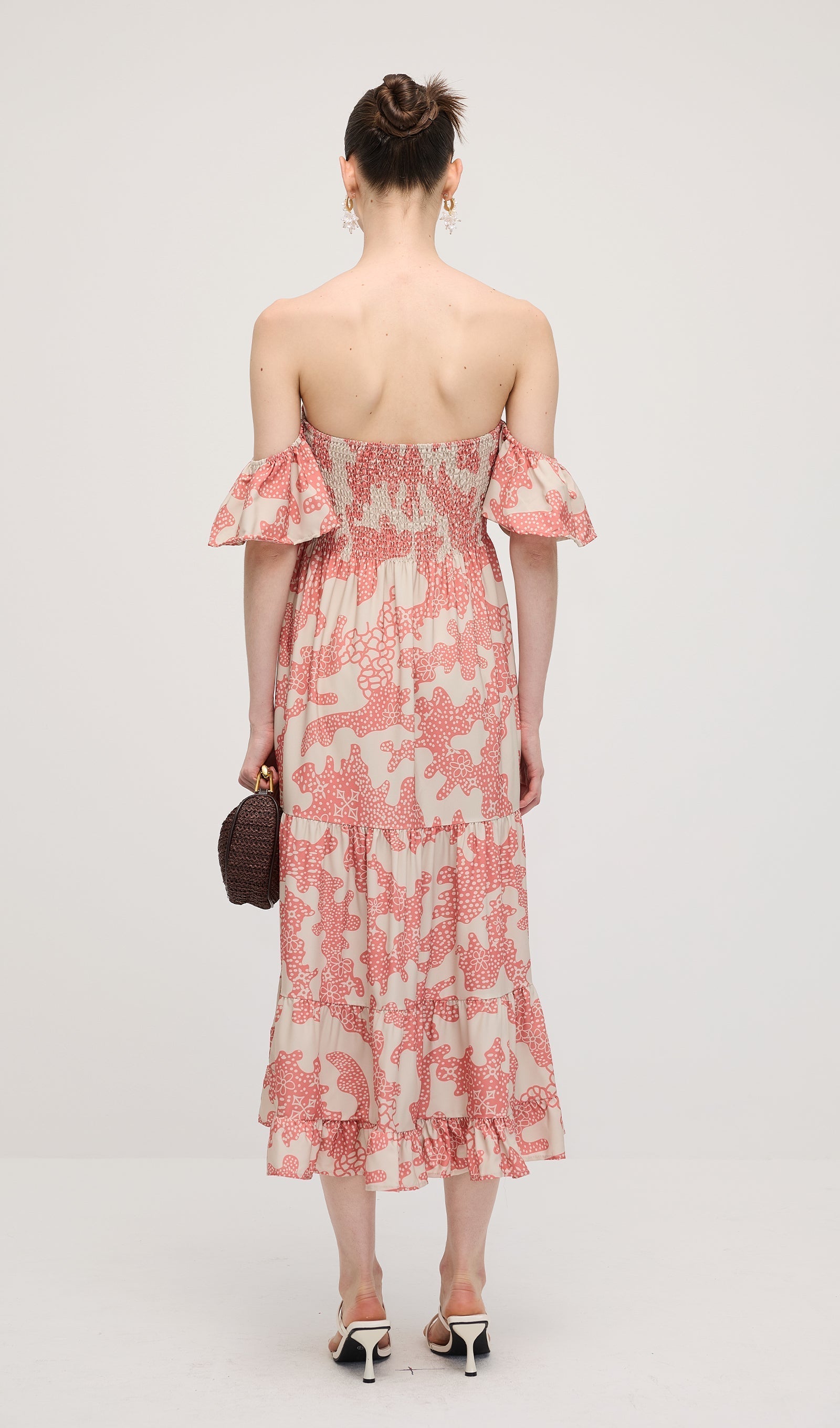 Omuz Açık Fırfırlı Baskılı Midi Elbise