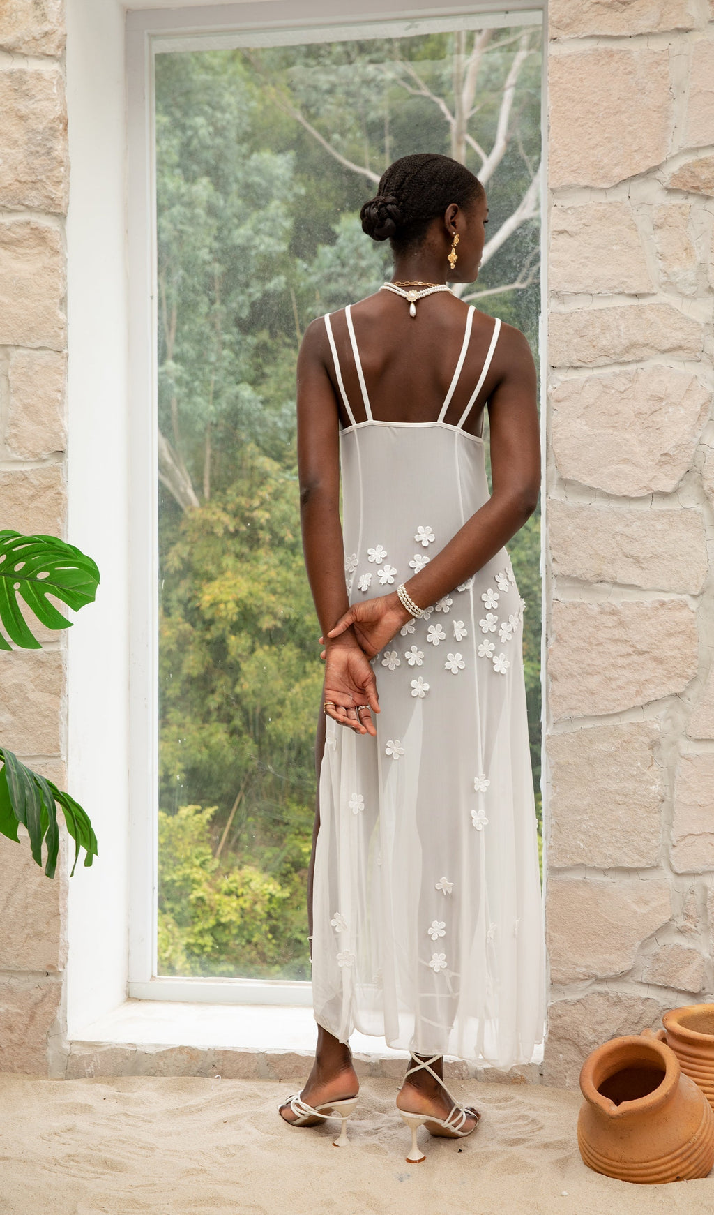 Trendy Beyaz Çiçekli File Uzun Elbise