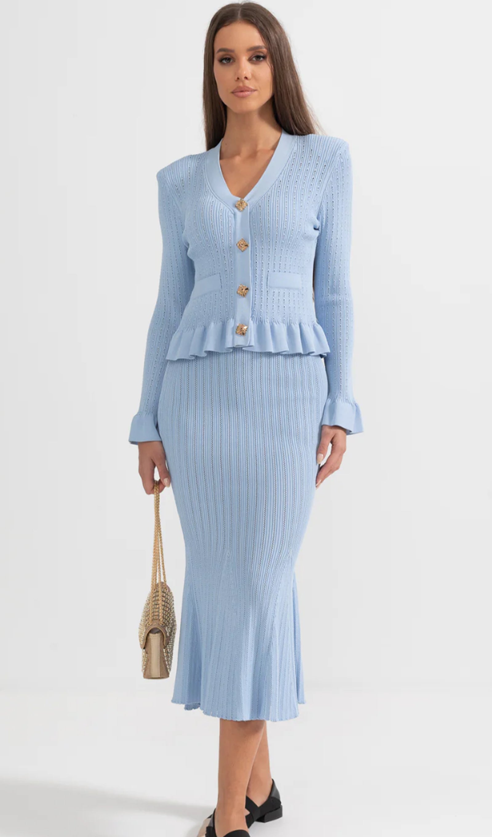 Fırfırlı Kloş Örgü Midi Elbise