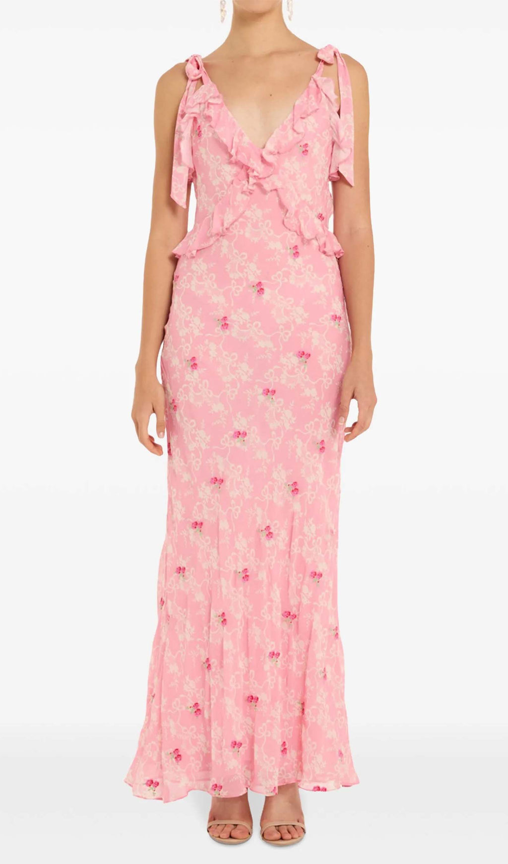 Çiçekli Volanlı File Uzun Elbise