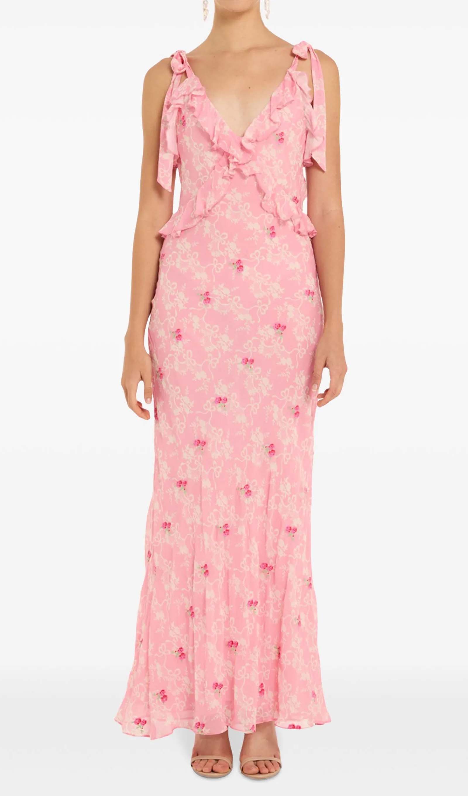 Çiçekli Volanlı File Uzun Elbise