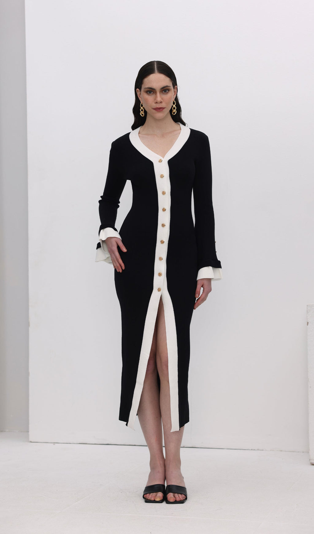 Örme Kontrast Manşetli Uzun Elbise