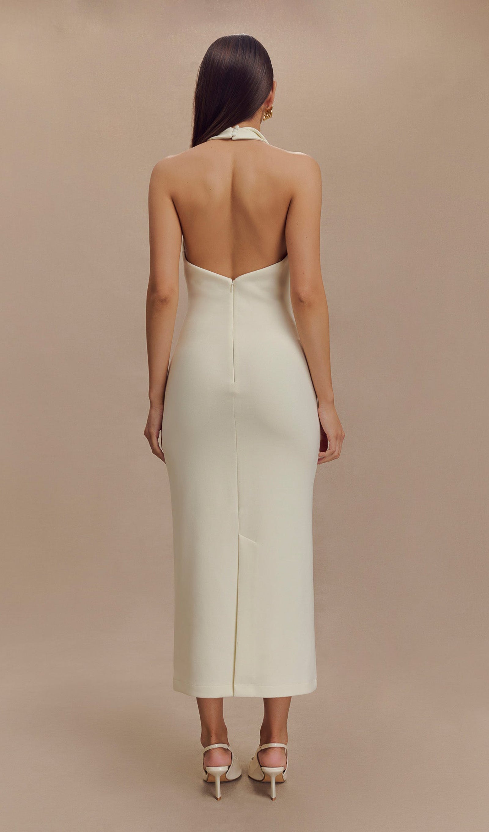 Fildişi Krep Askılı Midi Elbise