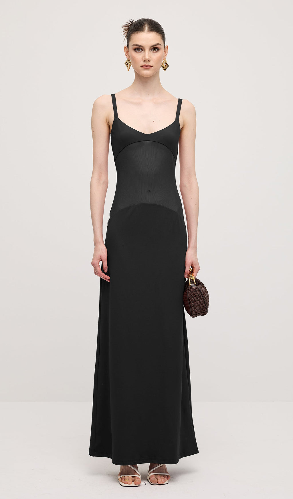 Siyah Şeffaf Örgü Kavisli Uzun Elbise