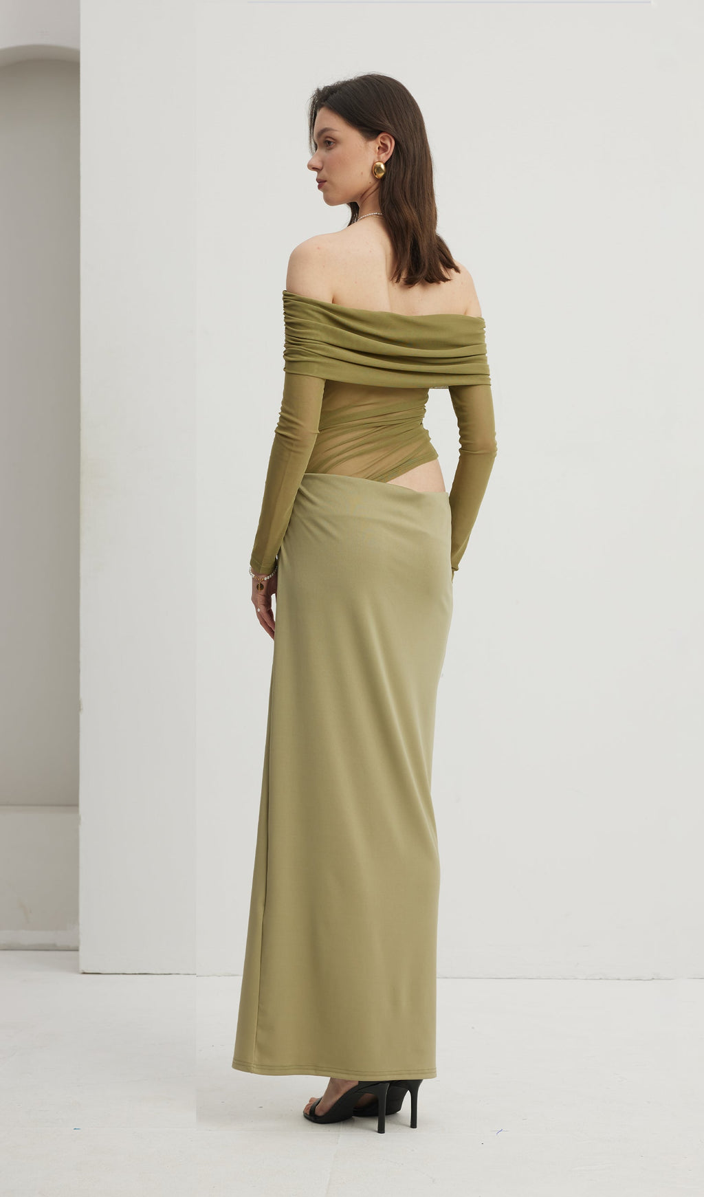 Omuz Açık Şeffaf Uzun File Yeşil