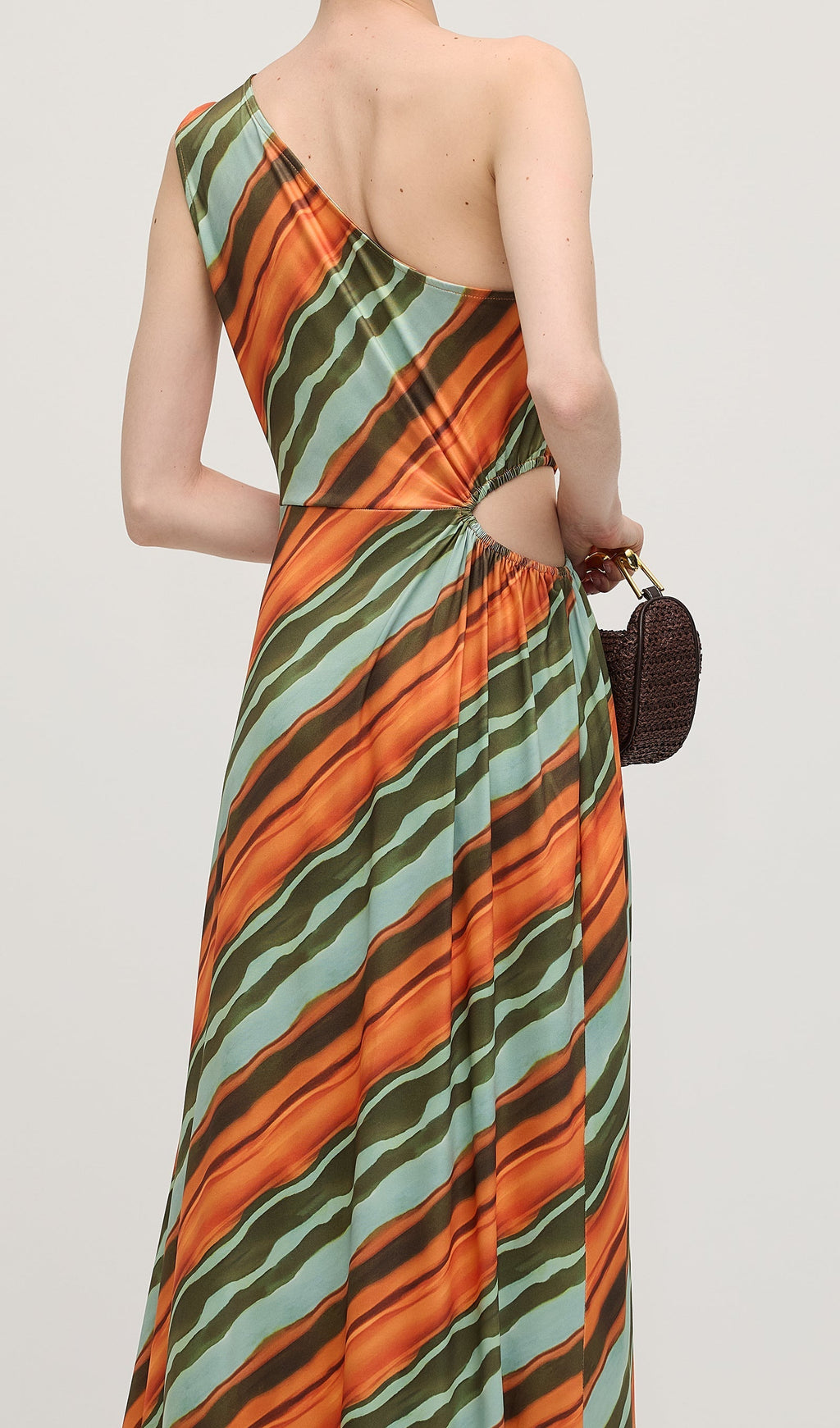 Drapeli Çizgili Saten Uzun Elbise