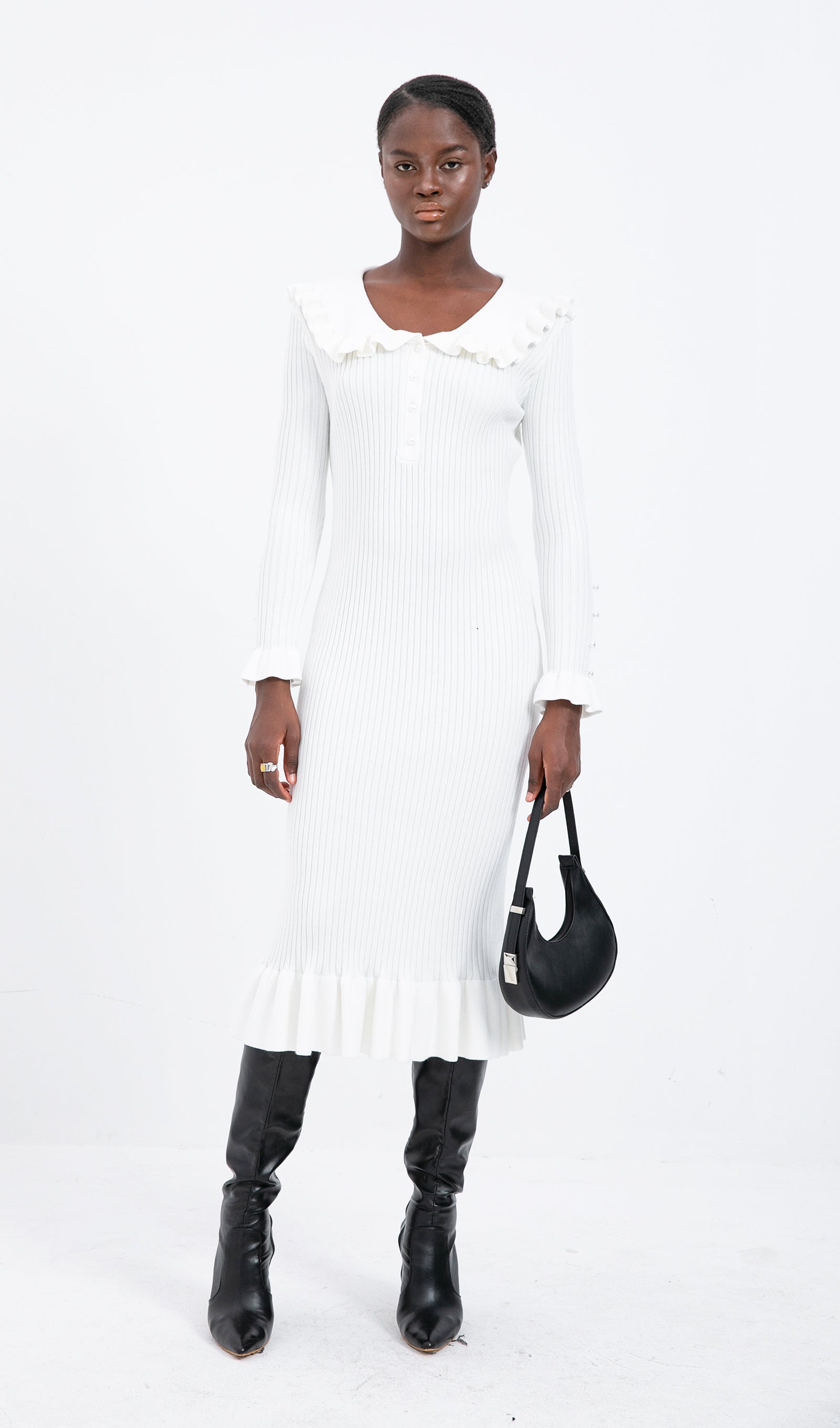 Trendy Örme Volanlı Midi Elbise - Beyaz