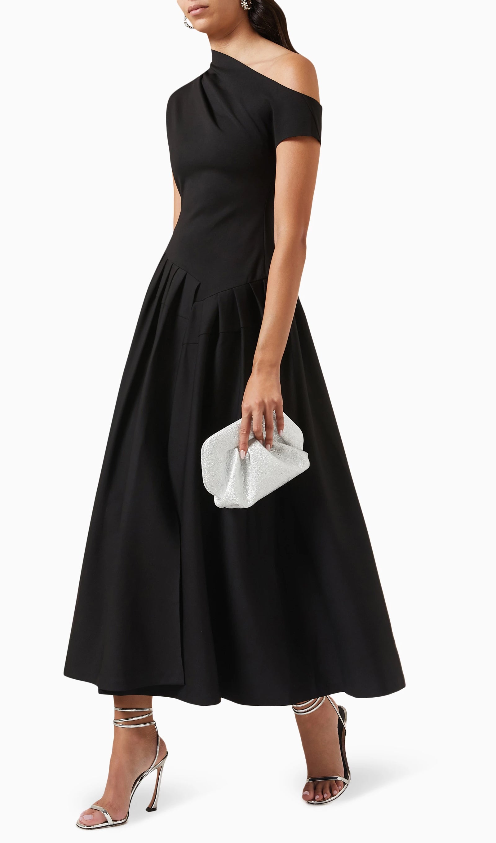 Siyah Asimetri Tek Omuzlu Midi Jersey Elbise