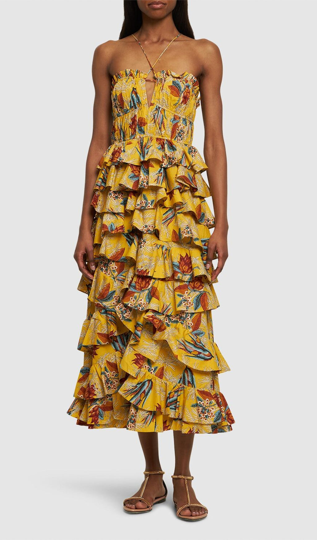 Tenley Halter Yaka Çiçekli Katmanlı Midi Elbise