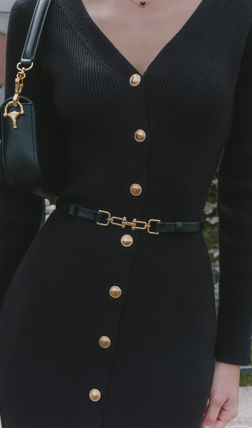 Örme V Yaka Midi Elbise - Siyah