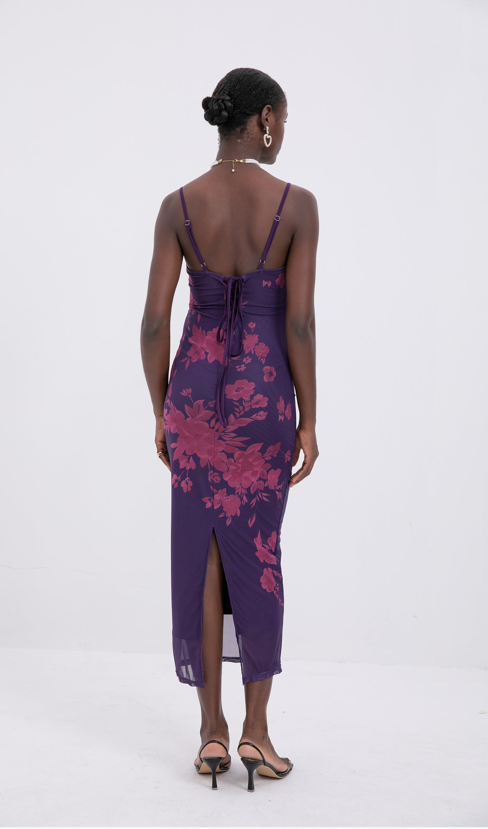 Moda Bağcıklı Dantel Çiçekli File Midi Elbise