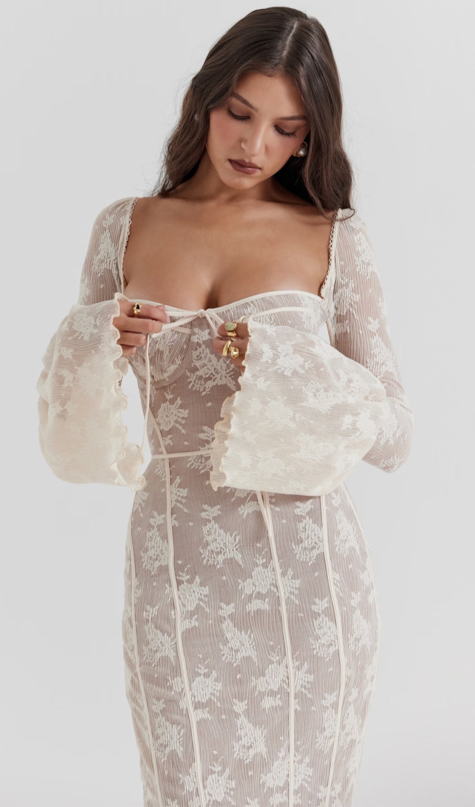 Vintage Krem Dantel Uzun Elbise