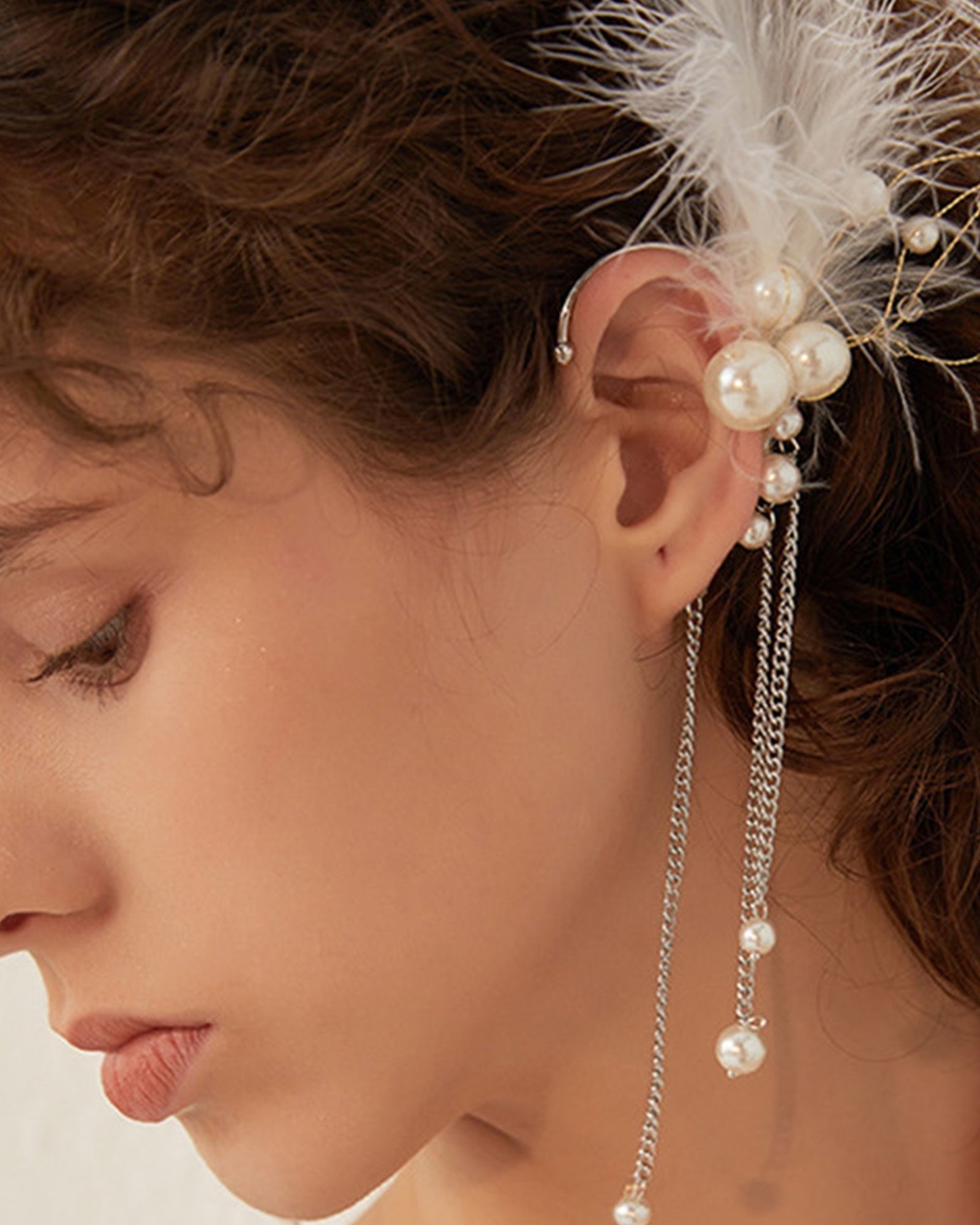 Tüy İnci Tırmanıcı Püskül Manşet Tek Küpe