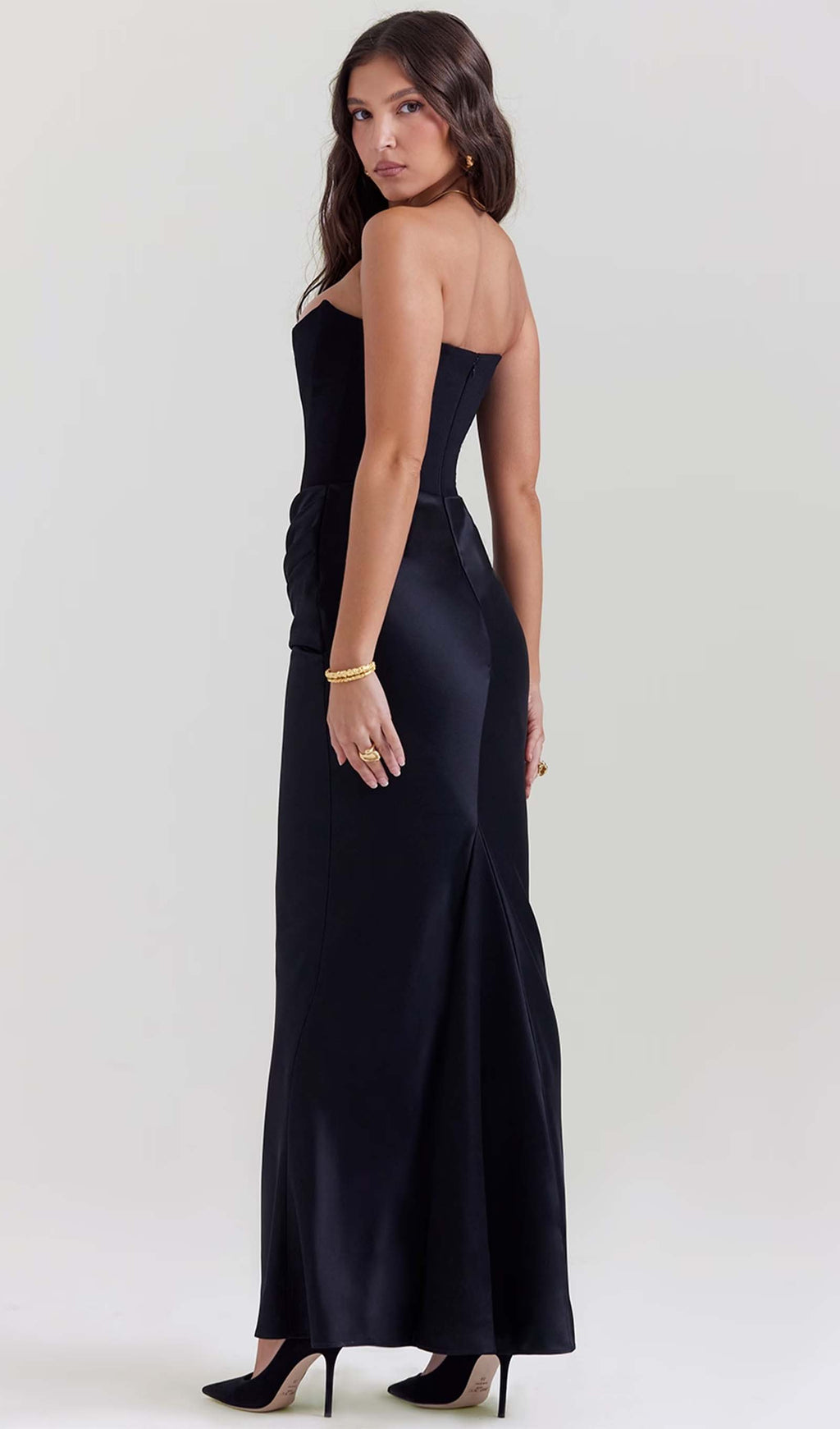 Omuz Açık Saten Uzun Elbise