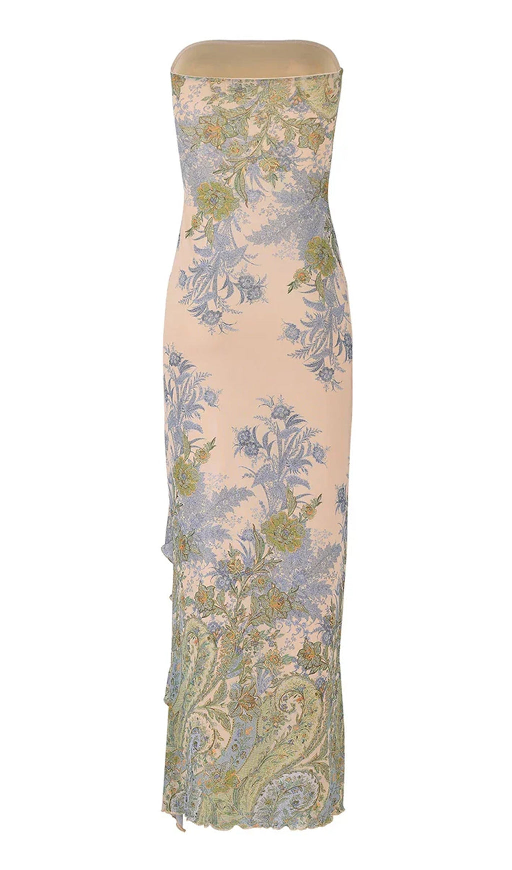 Baskılı Straplez Yırtmaçlı Midi Elbise