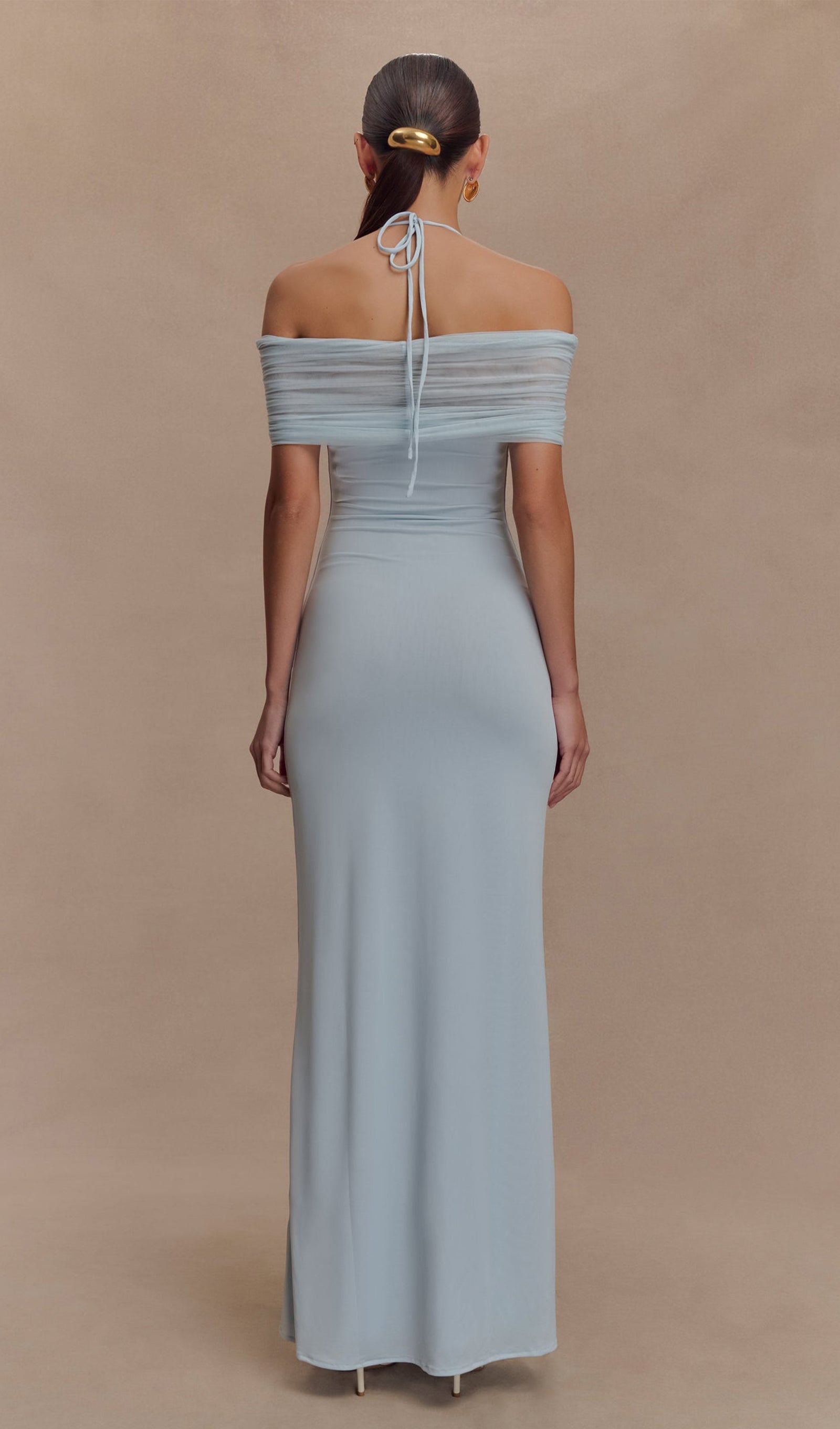 Bebek Mavisi File Ve Slinky Askılı Uzun Elbise