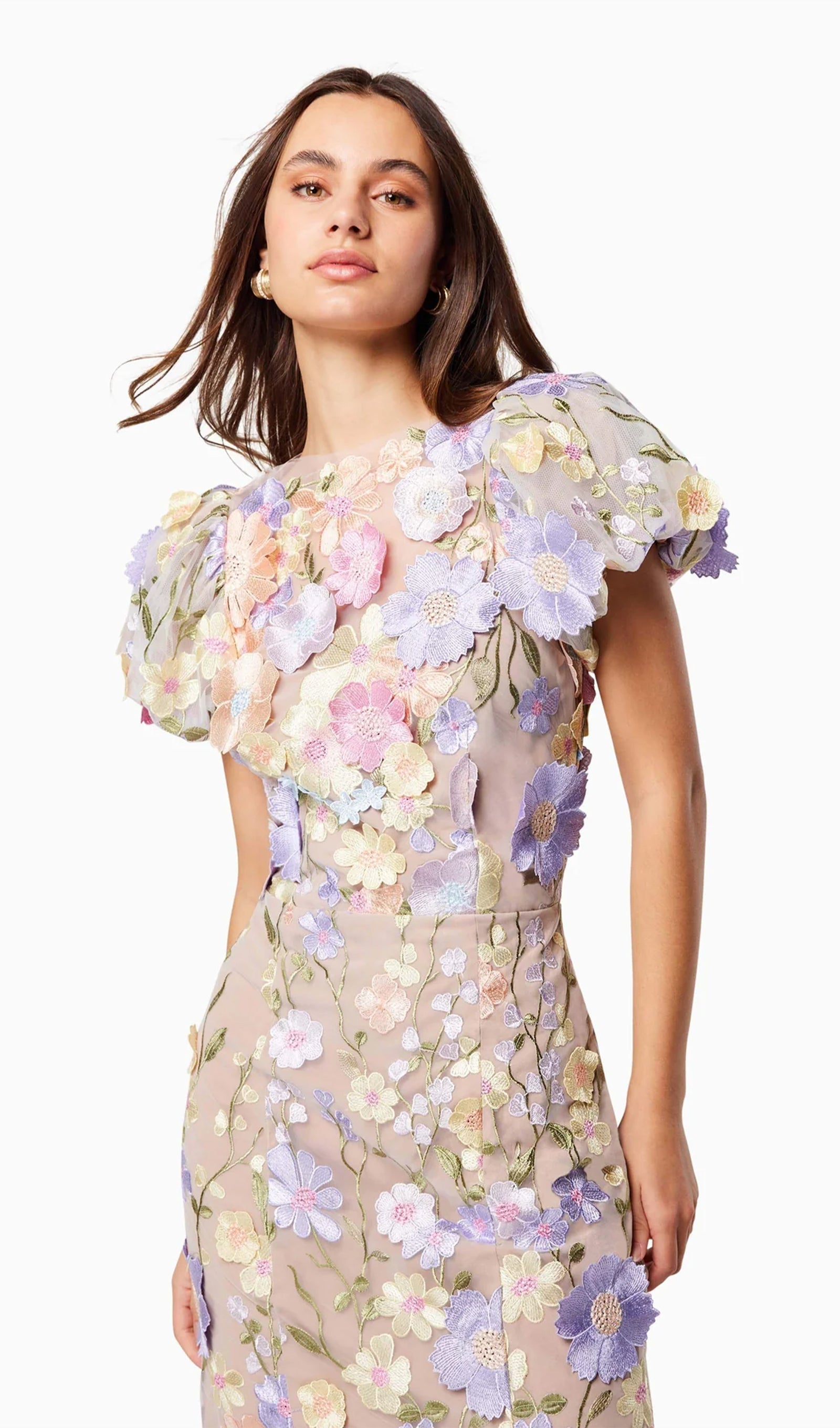 Mor Renkli Çiçekli 3D Dantel Midi Elbise