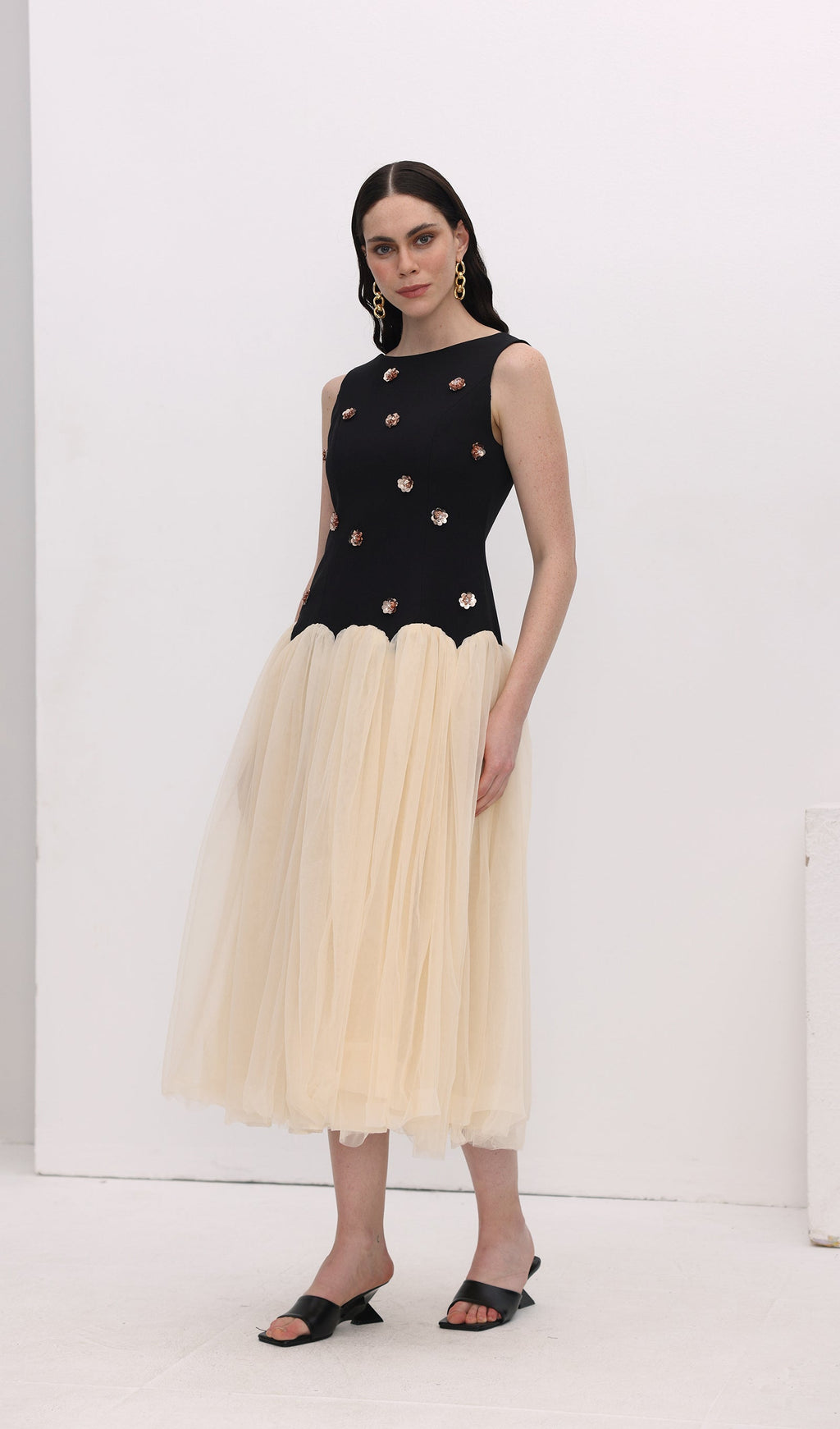 Vintage Kontrast Tül Midi Elbise