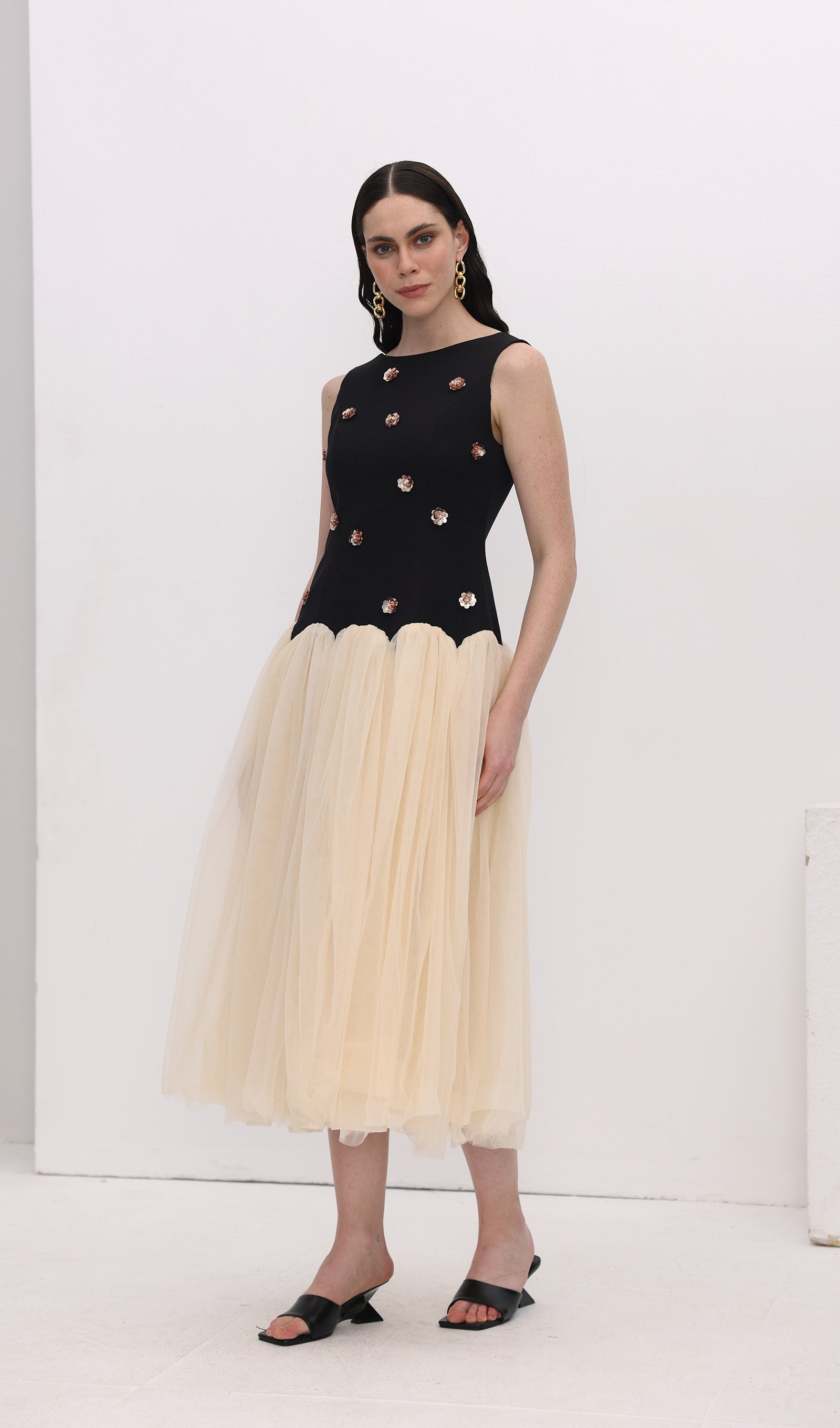 Vintage Kontrast Tül Midi Elbise