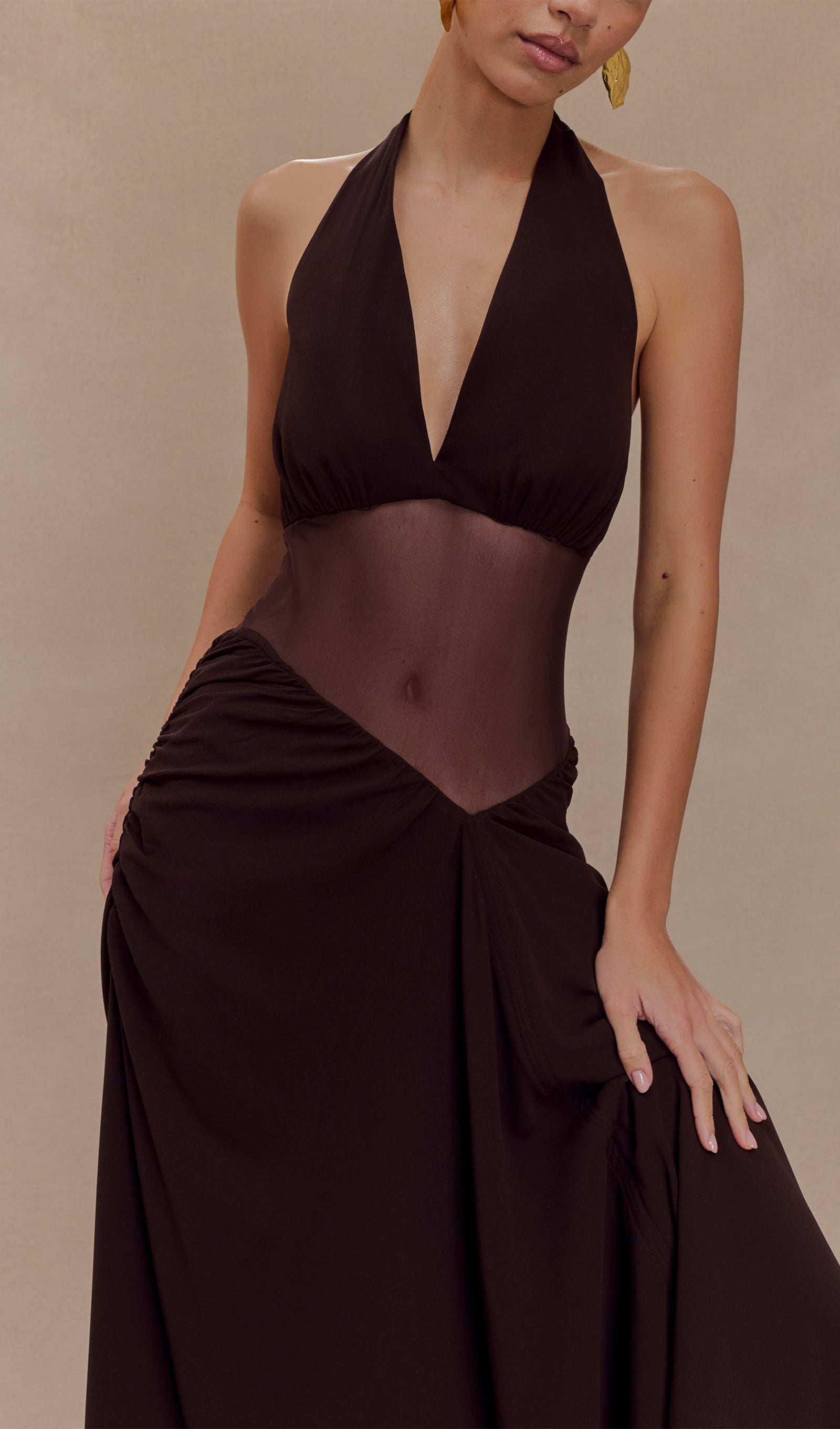 Koyu Çikolata Rengi Şifon Ve File Uzun Elbise