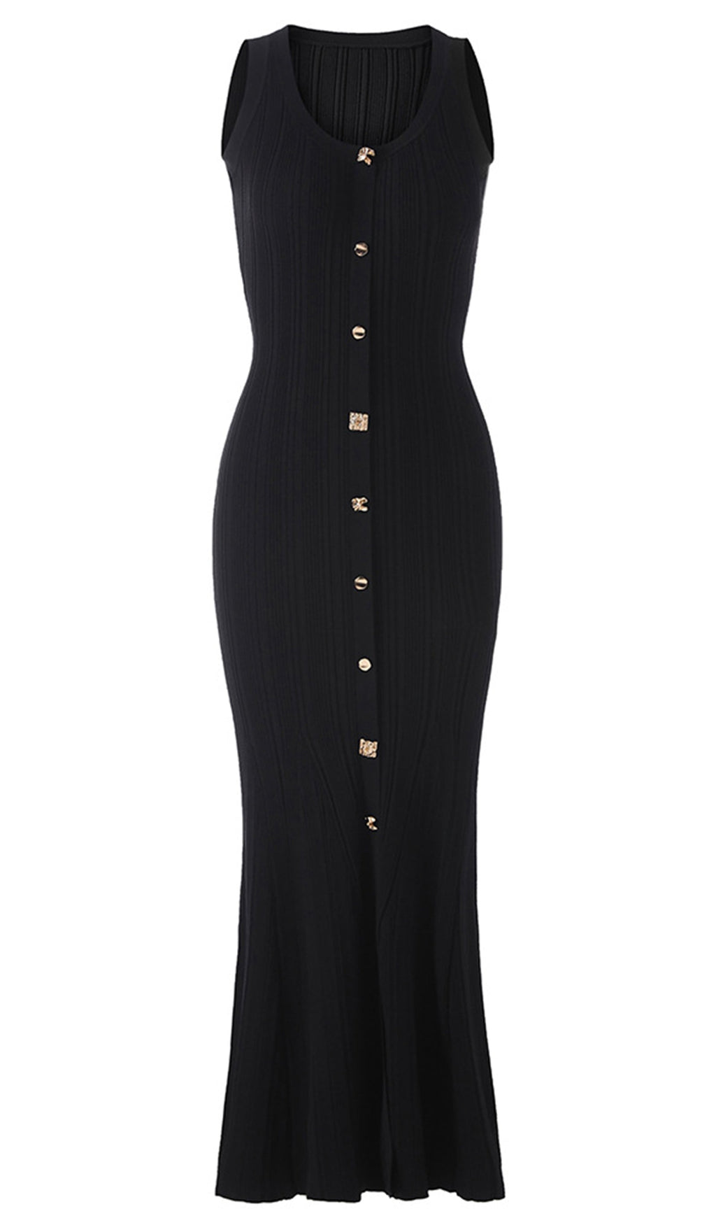 Metalik Düğmeli Örme Midi Elbise