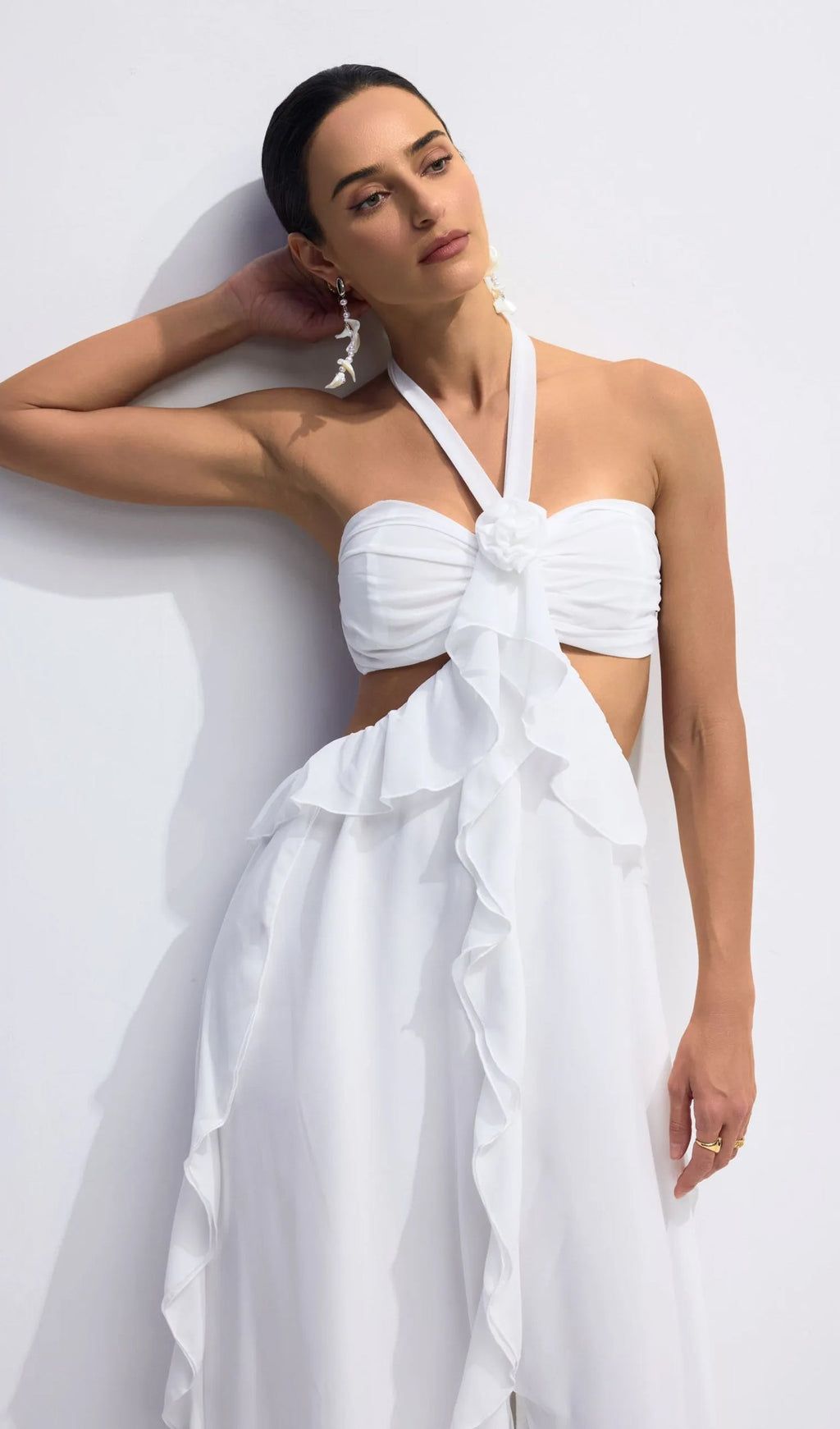 Halter Kesim Volanlı Uzun Elbise