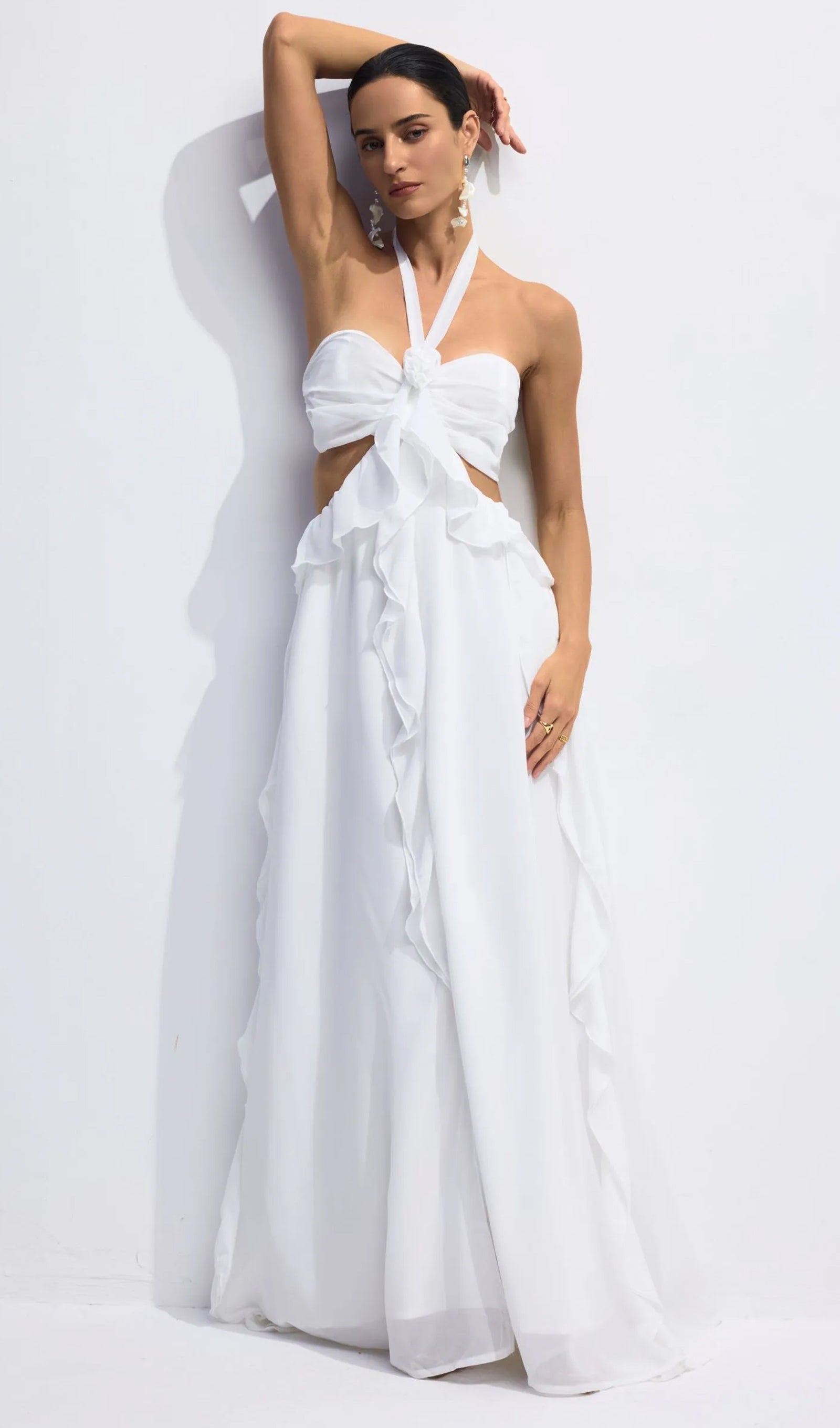 Halter Kesim Volanlı Uzun Elbise