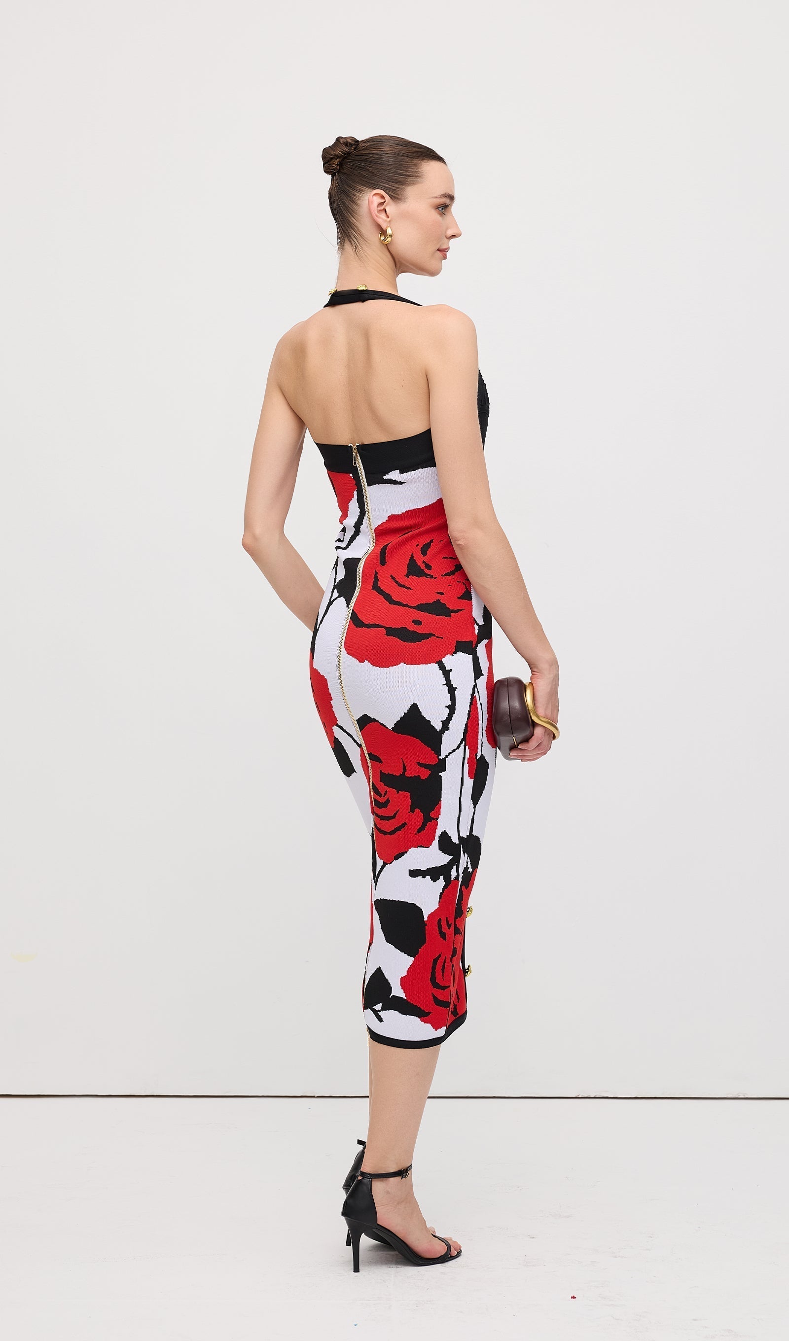 Çiçekli Jakarlı Örgü Midi Elbise