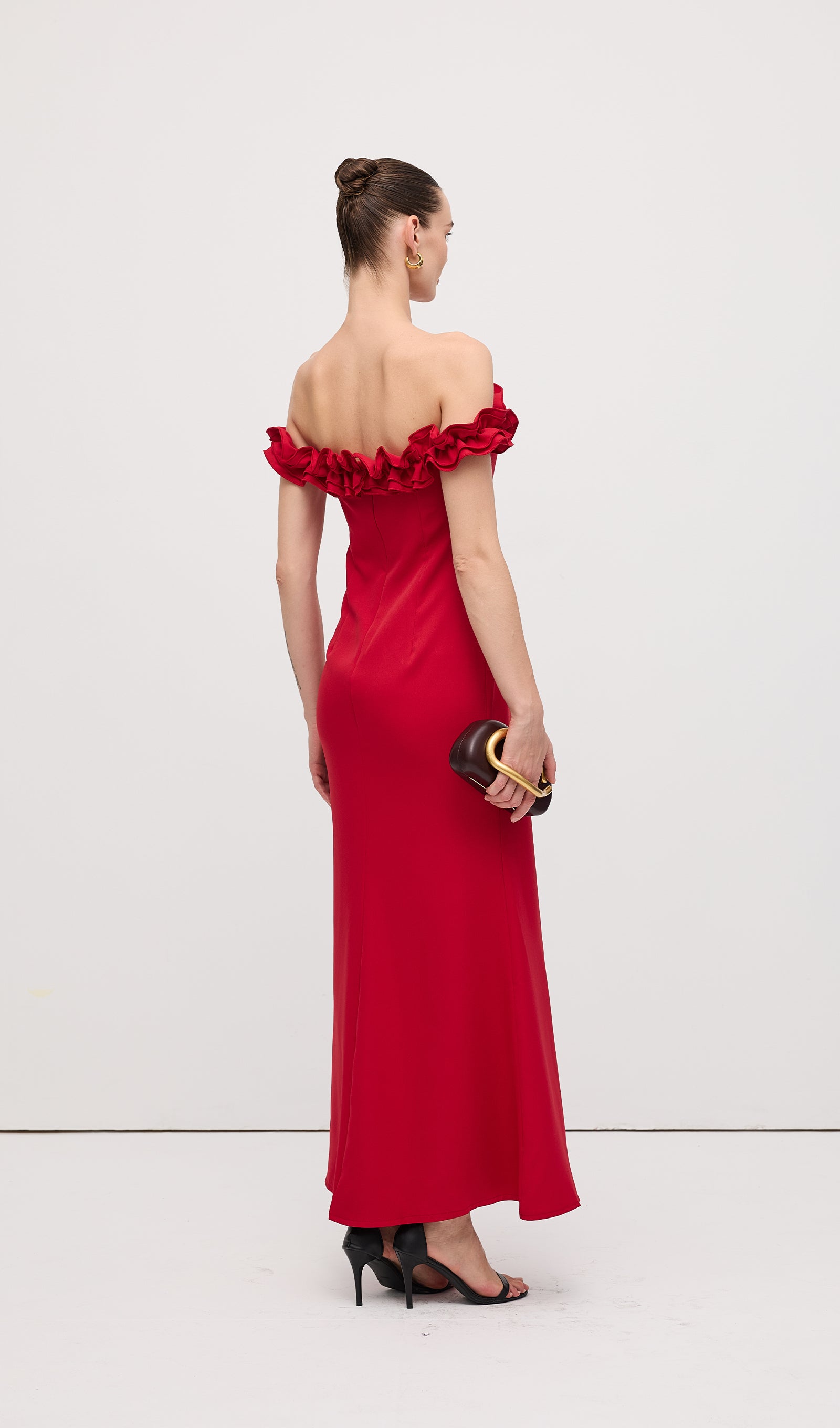 Kırmızı Volanlı Omuz Açık Maksi Elbise