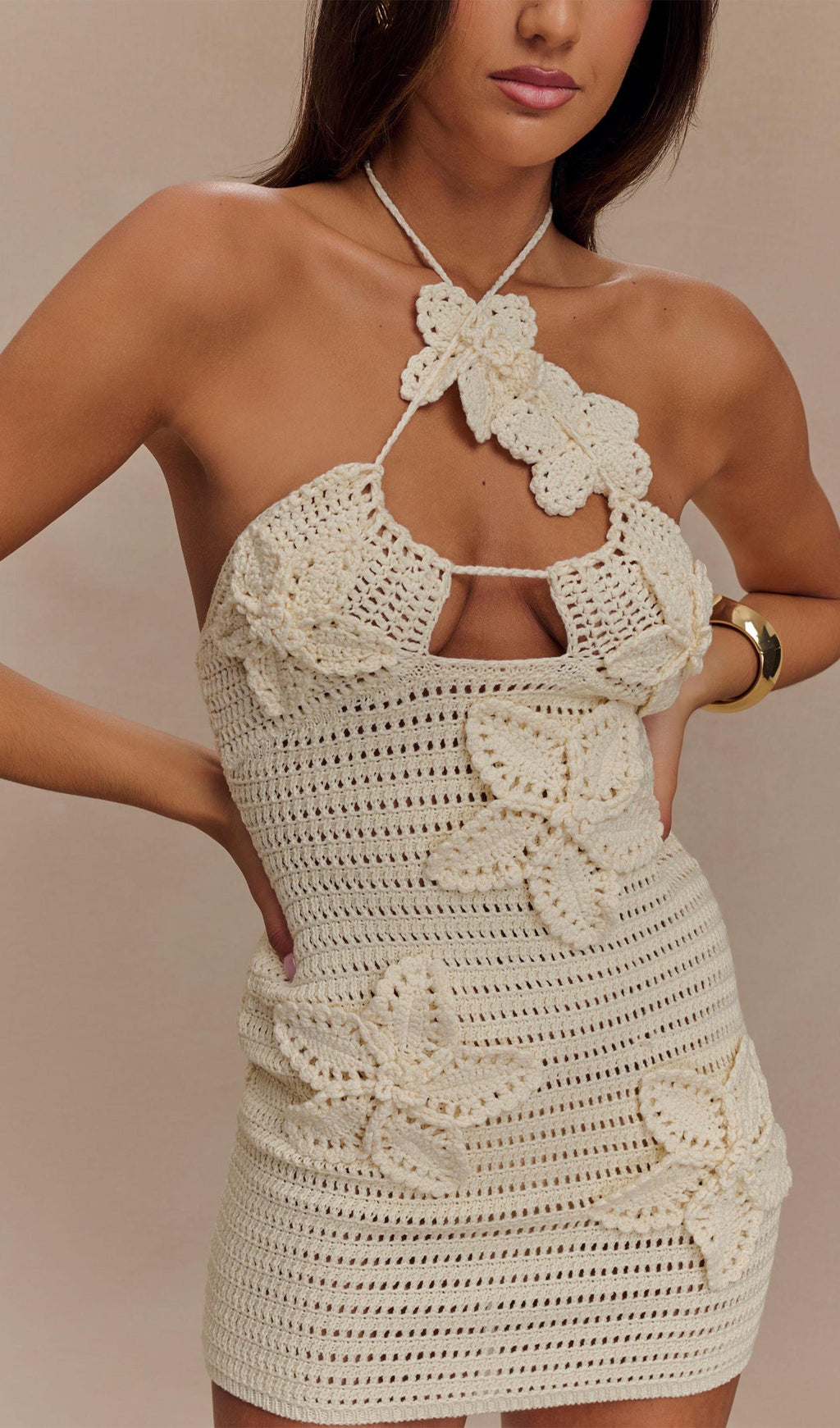 Çiçekli Tığ İşi Mini Elbise Buttercream