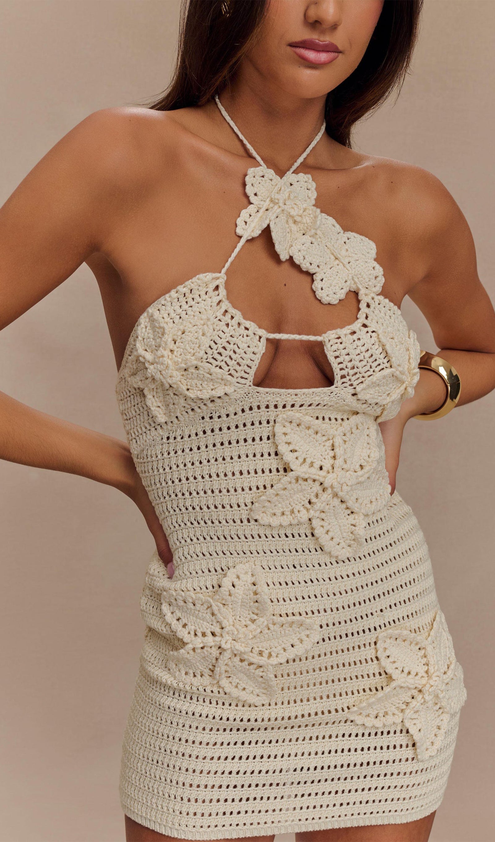 Çiçekli Tığ İşi Mini Elbise Buttercream