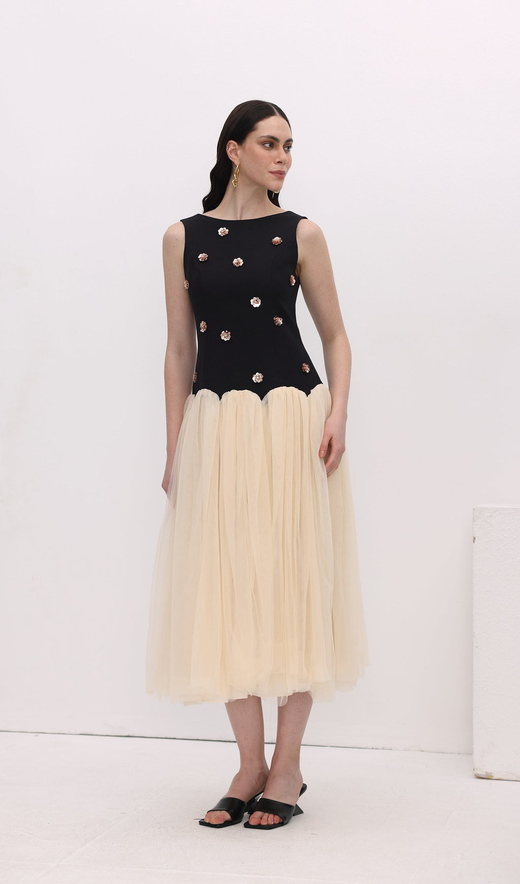 Vintage Kontrast Tül Midi Elbise