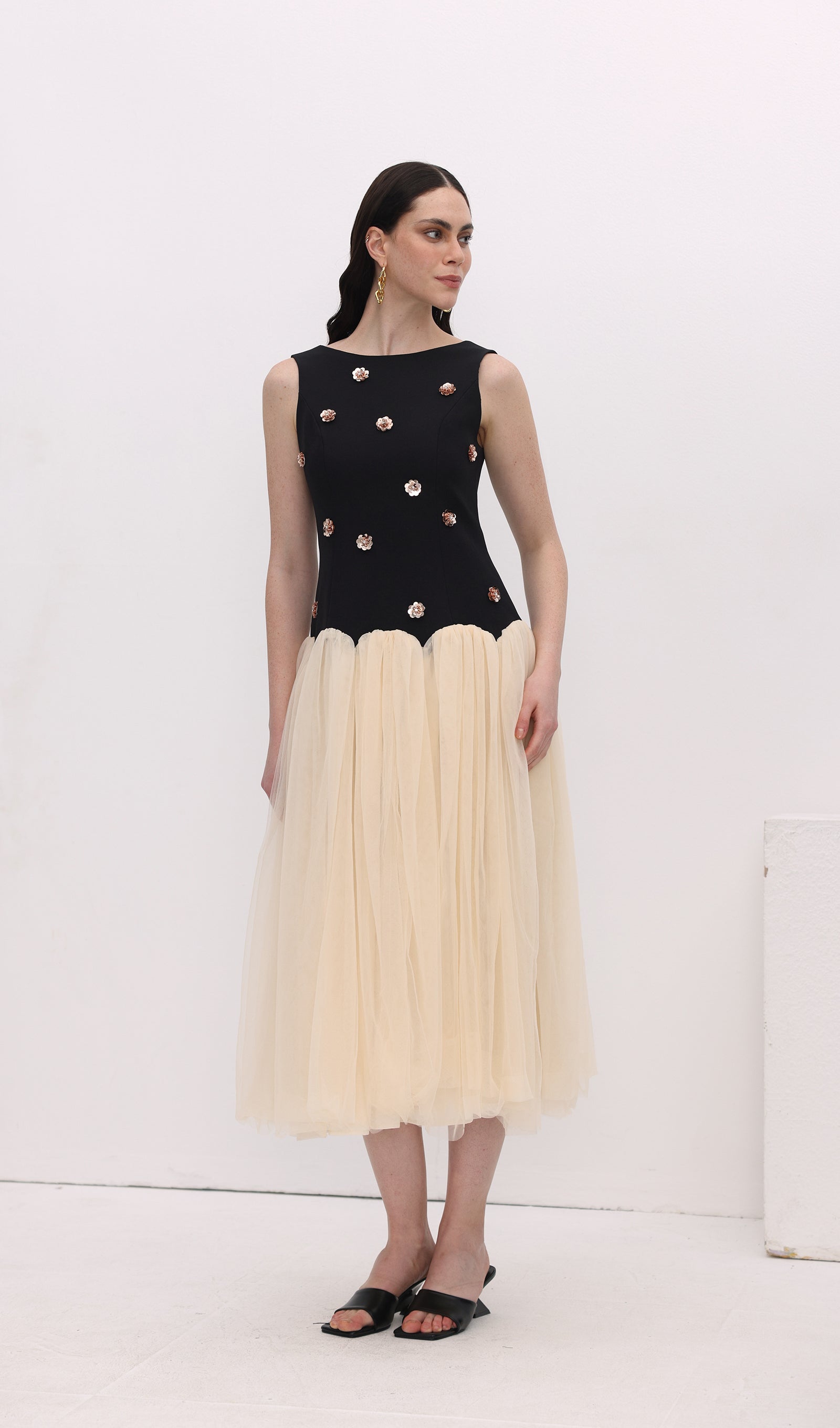 Vintage Kontrast Tül Midi Elbise