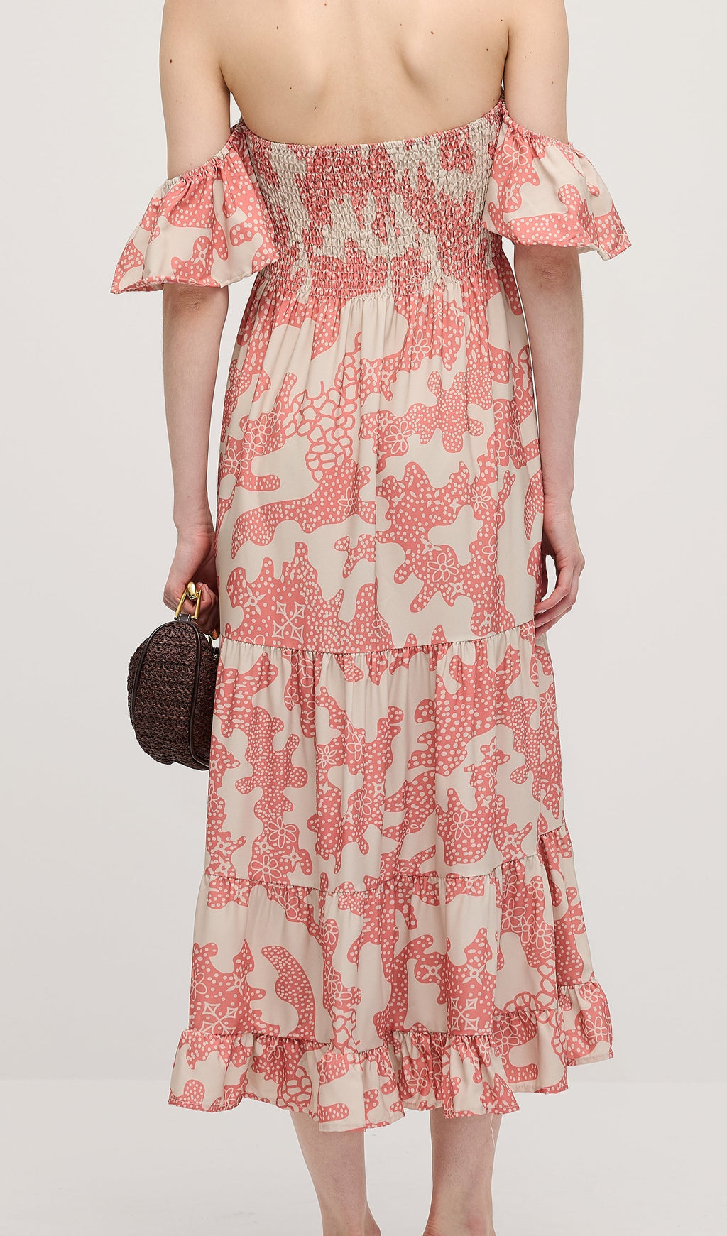 Omuz Açık Fırfırlı Baskılı Midi Elbise